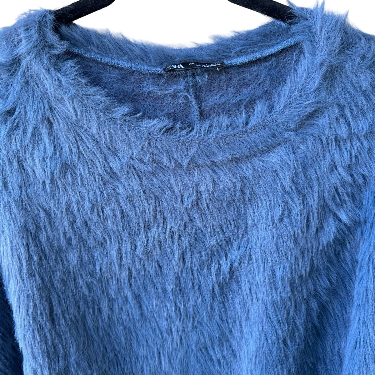 Zara Shaggy Furry Eyelash Knit Faux Fur Cozy Boxy Sweater Cobalt Blue Womens L
