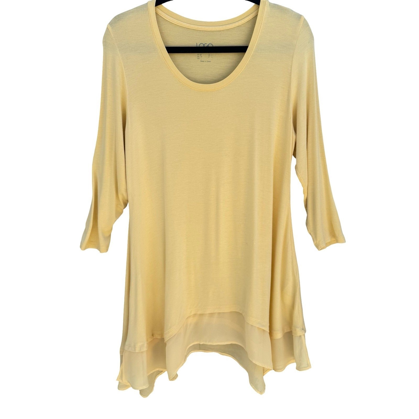 LOGO Lori Goldstein Boho Yellow Flowy Sharkbite Tunic 3/4 Sleeve M Lagenlook