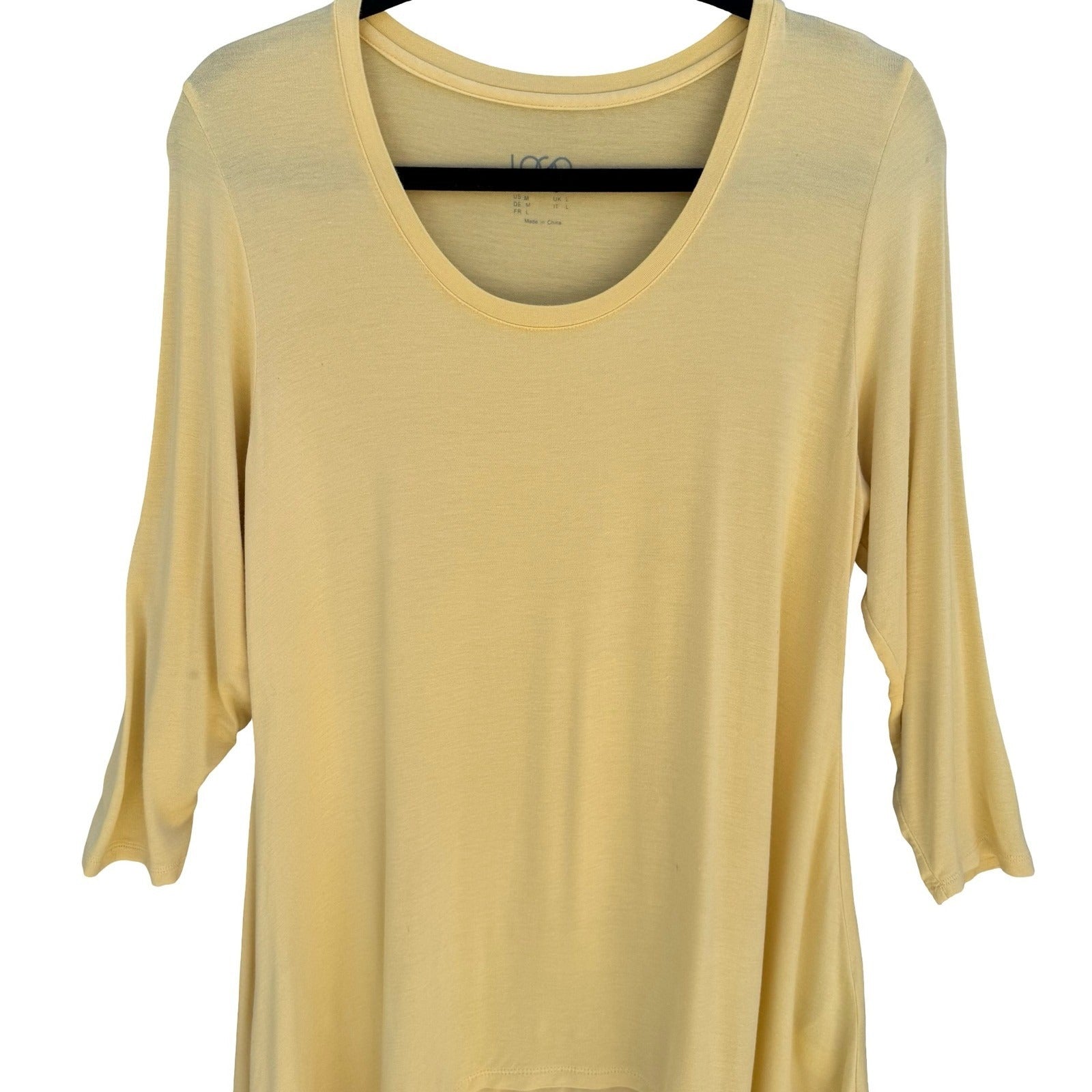 LOGO Lori Goldstein Boho Yellow Flowy Sharkbite Tunic 3/4 Sleeve M Lagenlook