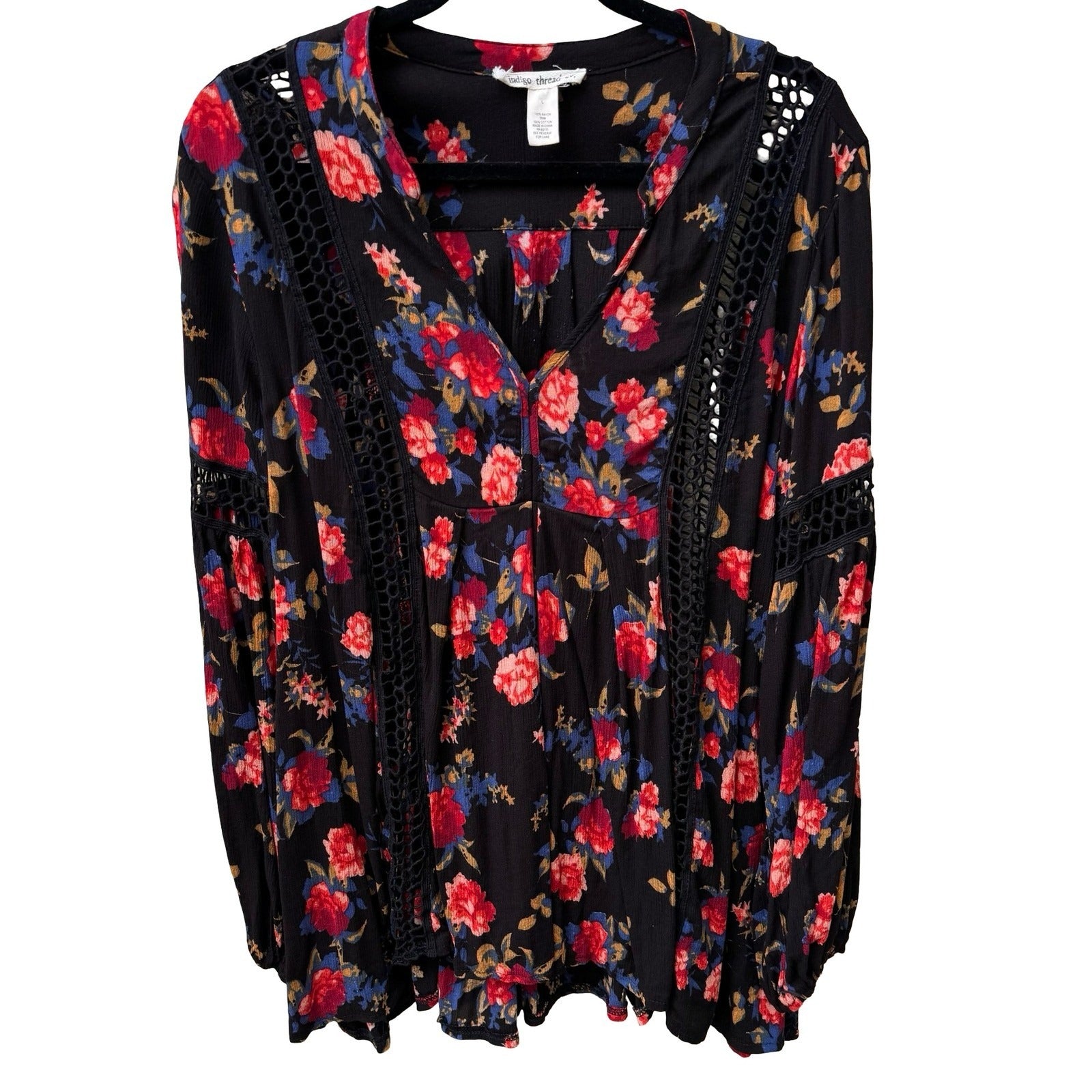Indigo Thread Boho Whimsigoth Dark Floral Crochet Flowy Peasant Blouse Black L