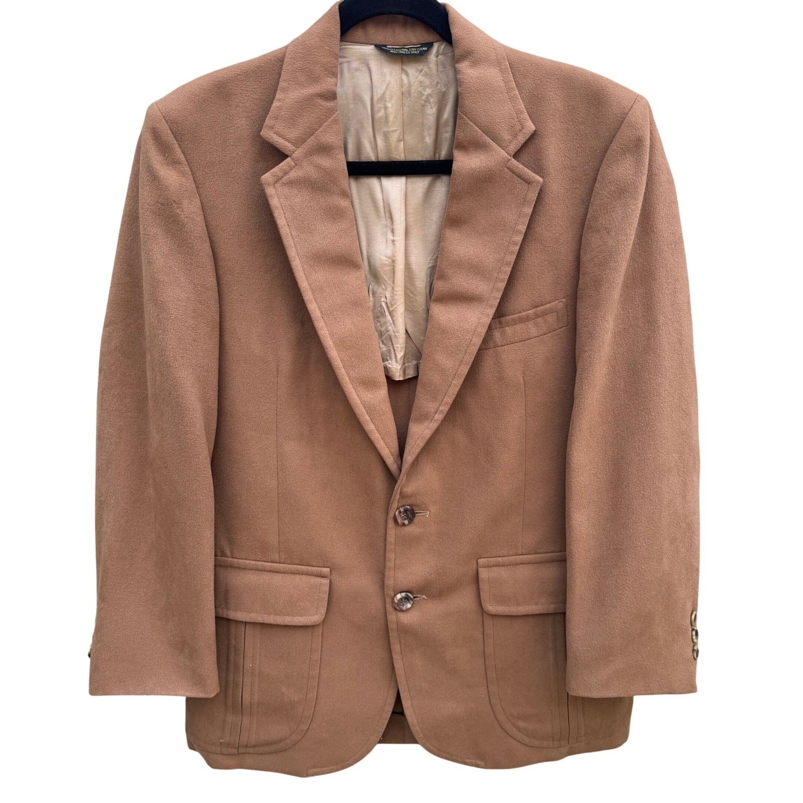 Vintage Camel Hair Blazer Mens Tan Two Button Sport Coat Flap Patch Pockets