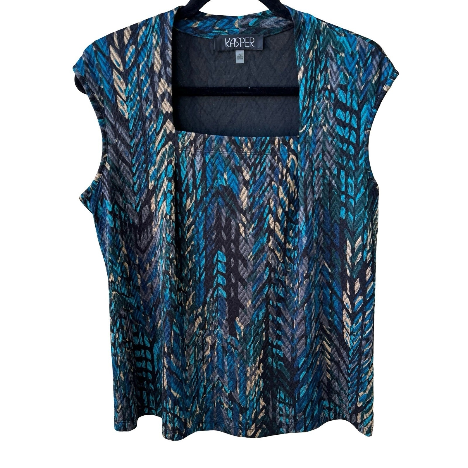 Kasper Careerwear Layering Sleeveless Square Neck Abstract Chevron Blouse Blue L