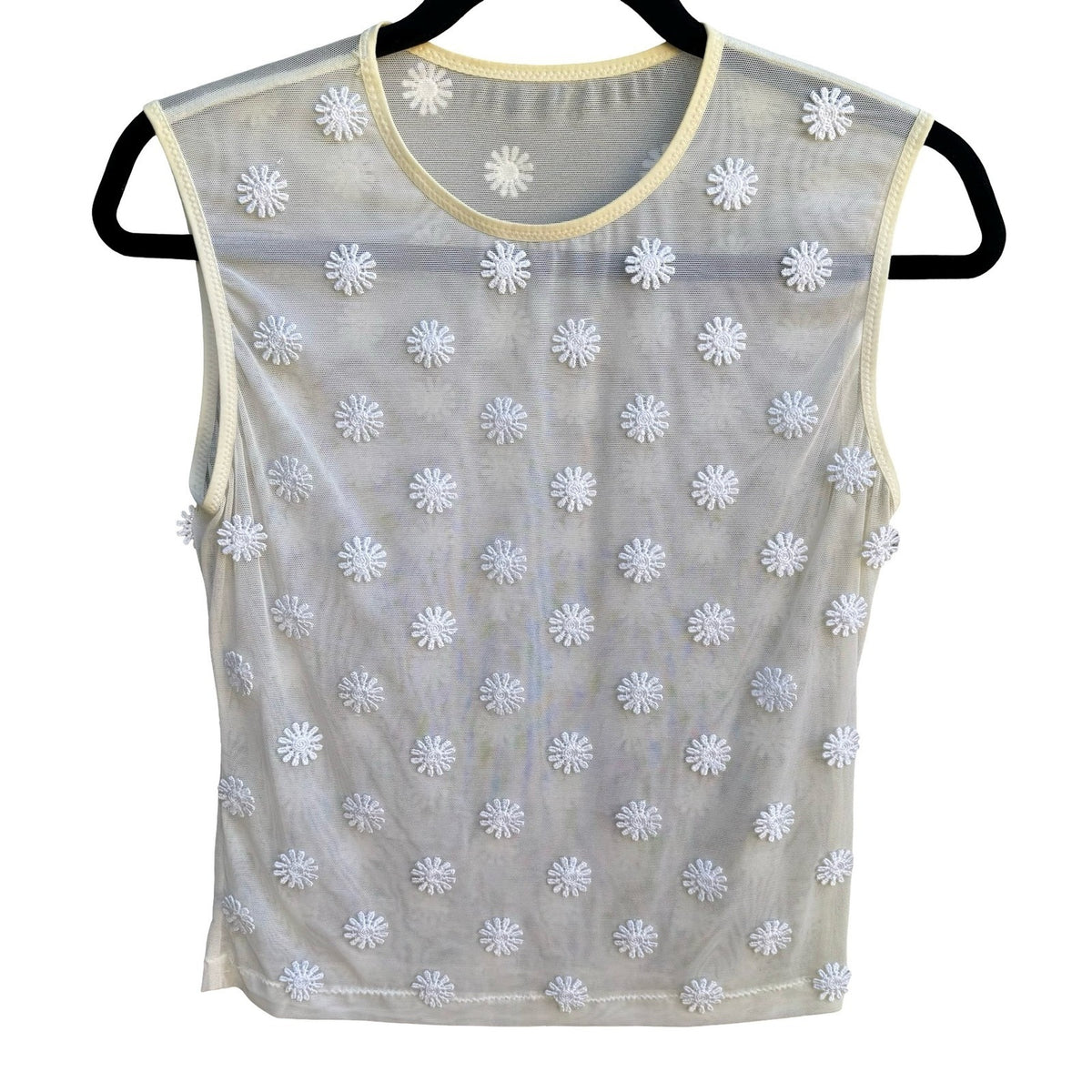 Y2K Coquette Fairycore Sheer Mesh Sleeveless White Floral Daisy Embroidery Top S