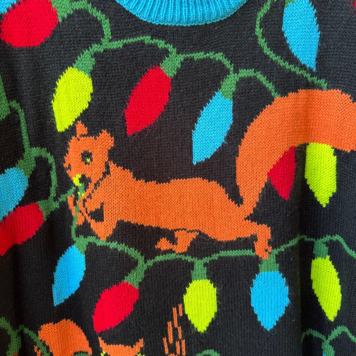 FunQi Squirrel Christmas Light Graphic Ugly Sweater Holiday Party Black Mens XL