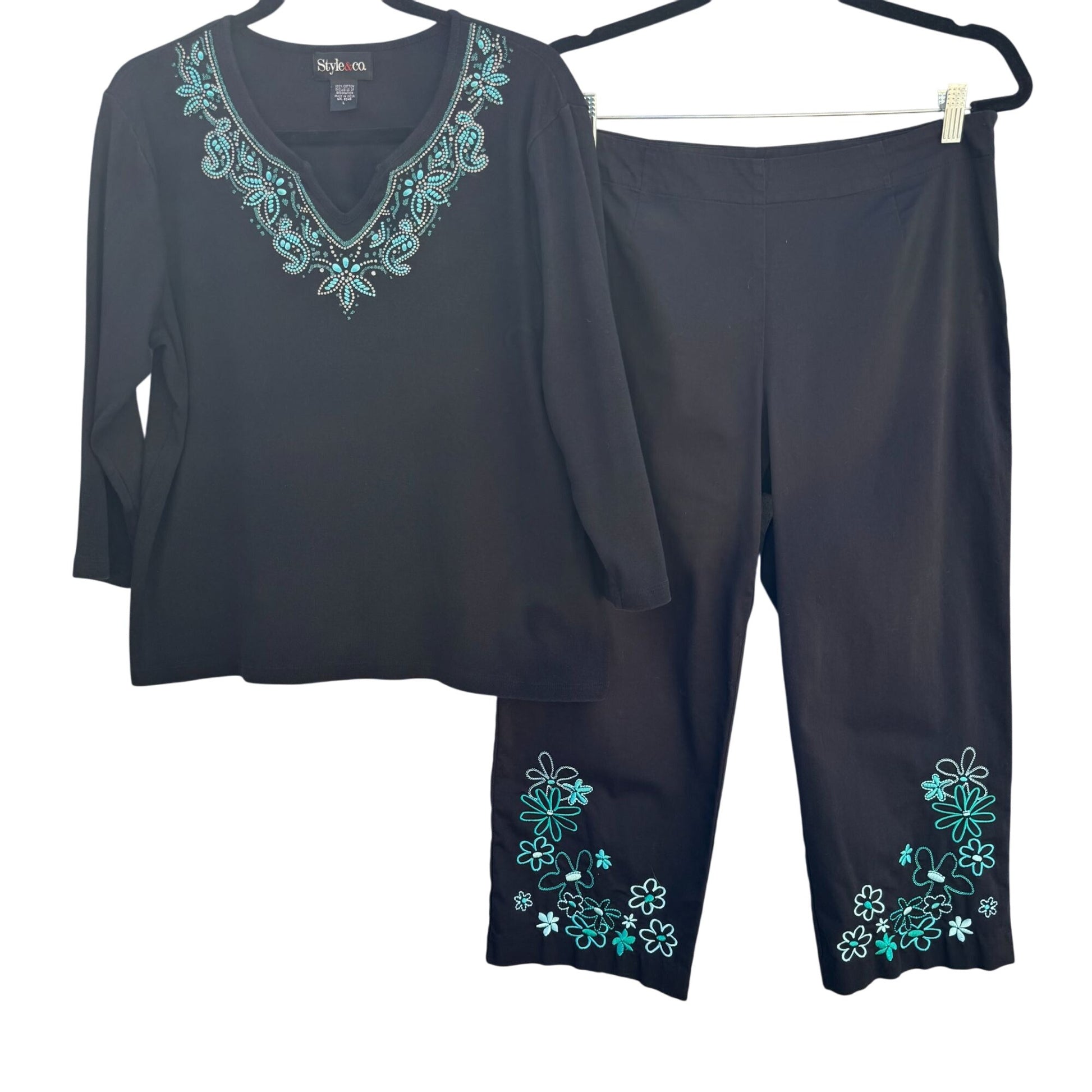 Style & Co Womens Black Teal Floral Embroidered Top Cropped Stretch Pants Set L