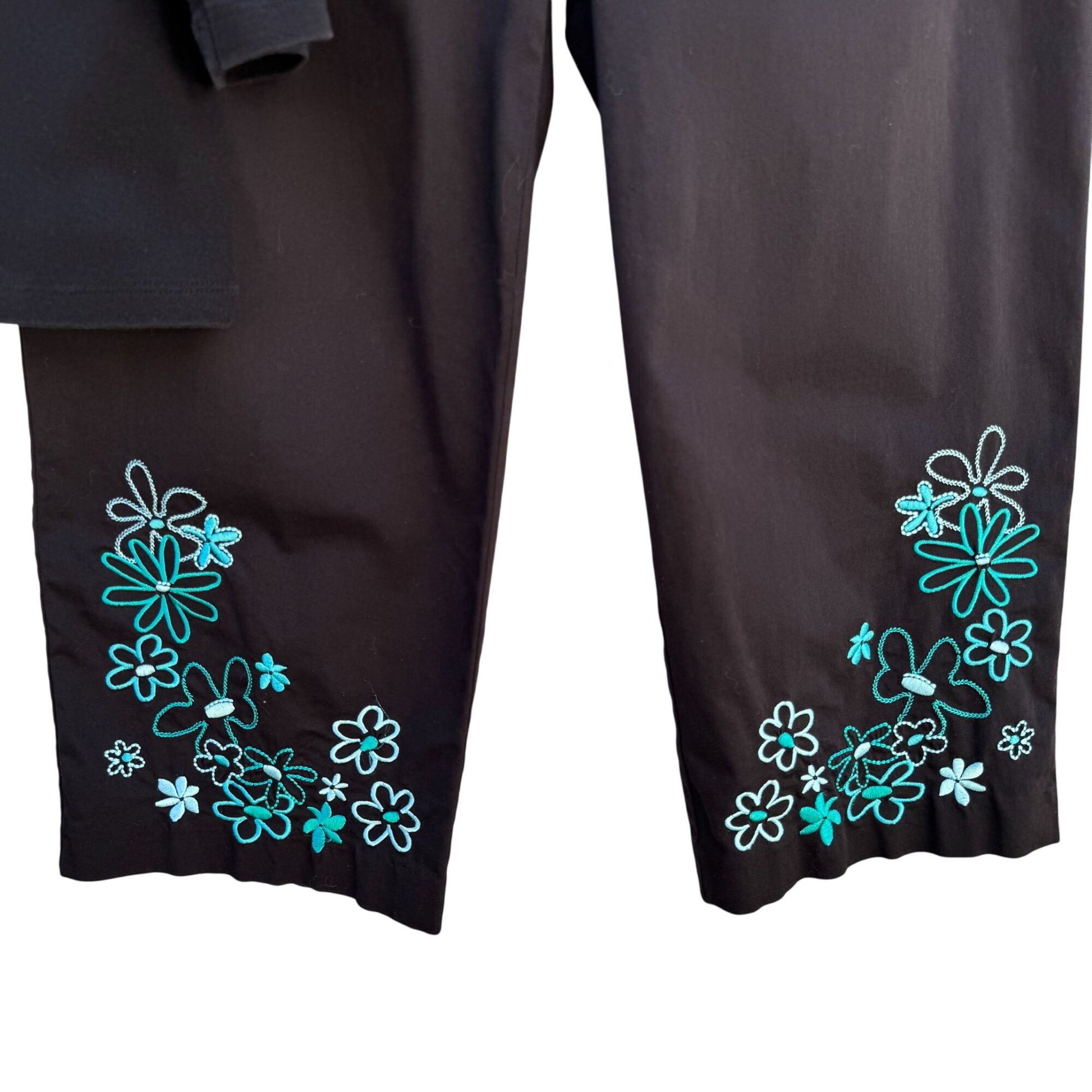 Style & Co Womens Black Teal Floral Embroidered Top Cropped Stretch Pants Set L