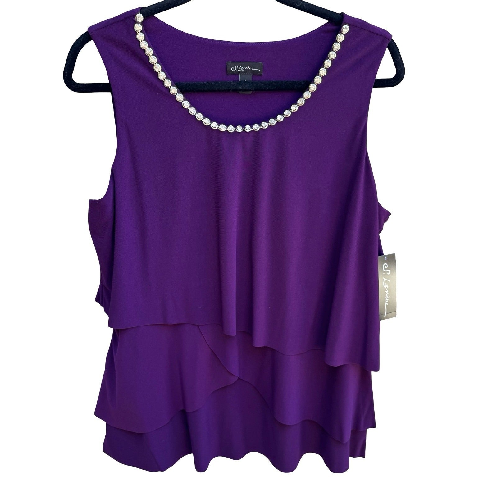 S Levine Cocktail Glam Party Tiered Rhinestone Sleeveless Blouse Purple L NEW