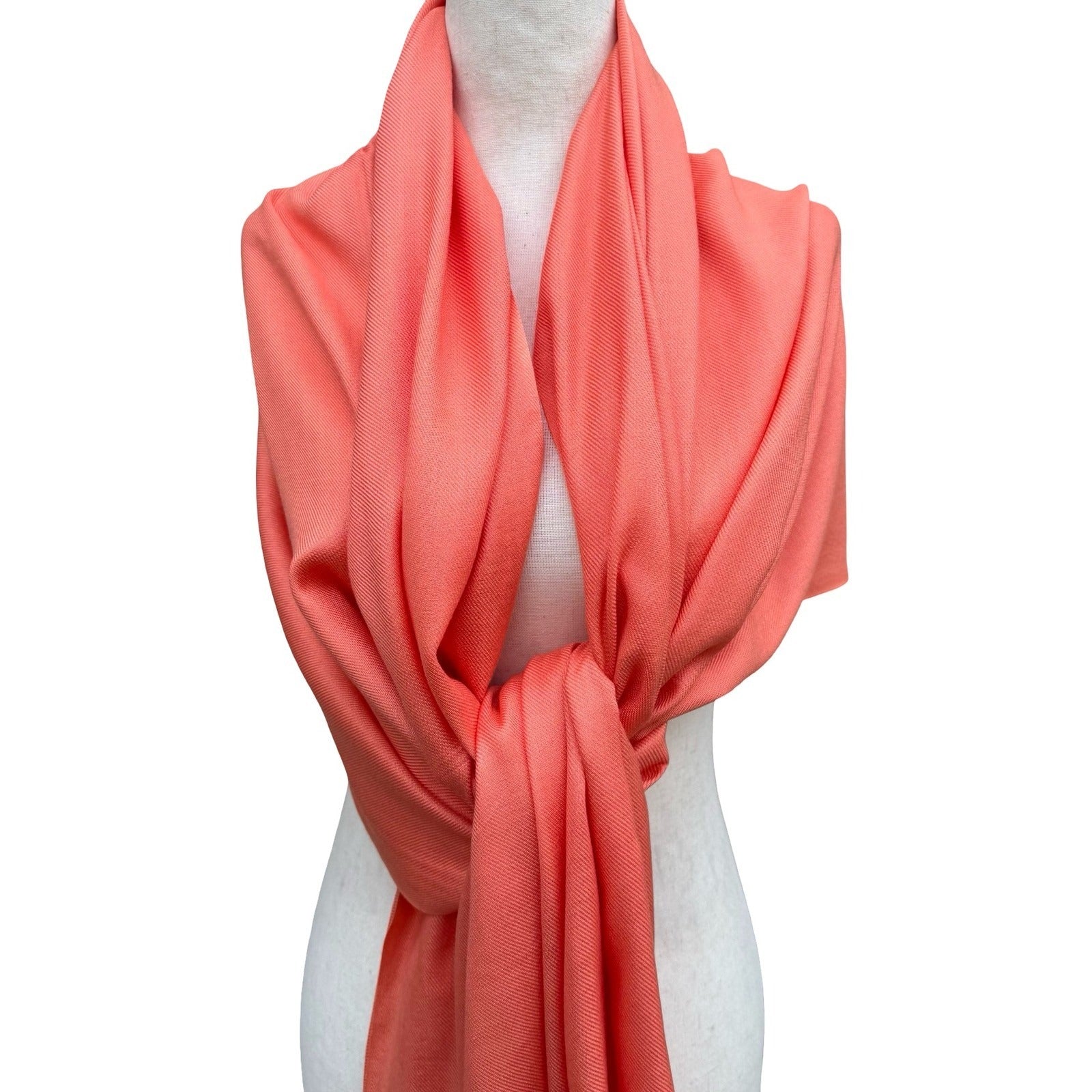 Coral Pink Pashmina Wrap Scarf Fringe Shawl Solid Twill Weave Soft Evening Stole
