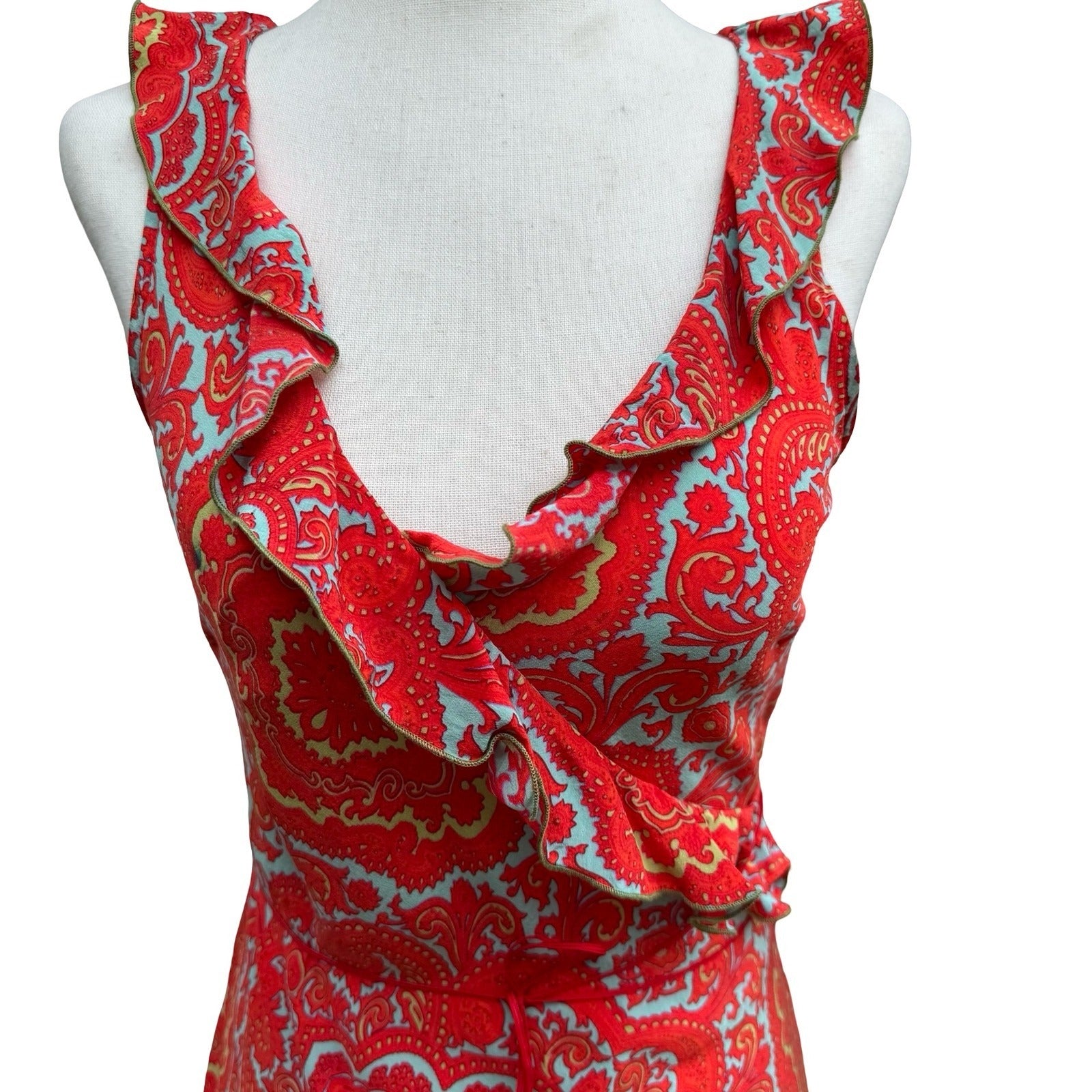 Poleci Vintage Y2K Paisley 100% Silk Ruffle Midi Dress Feminine Garden Party 6