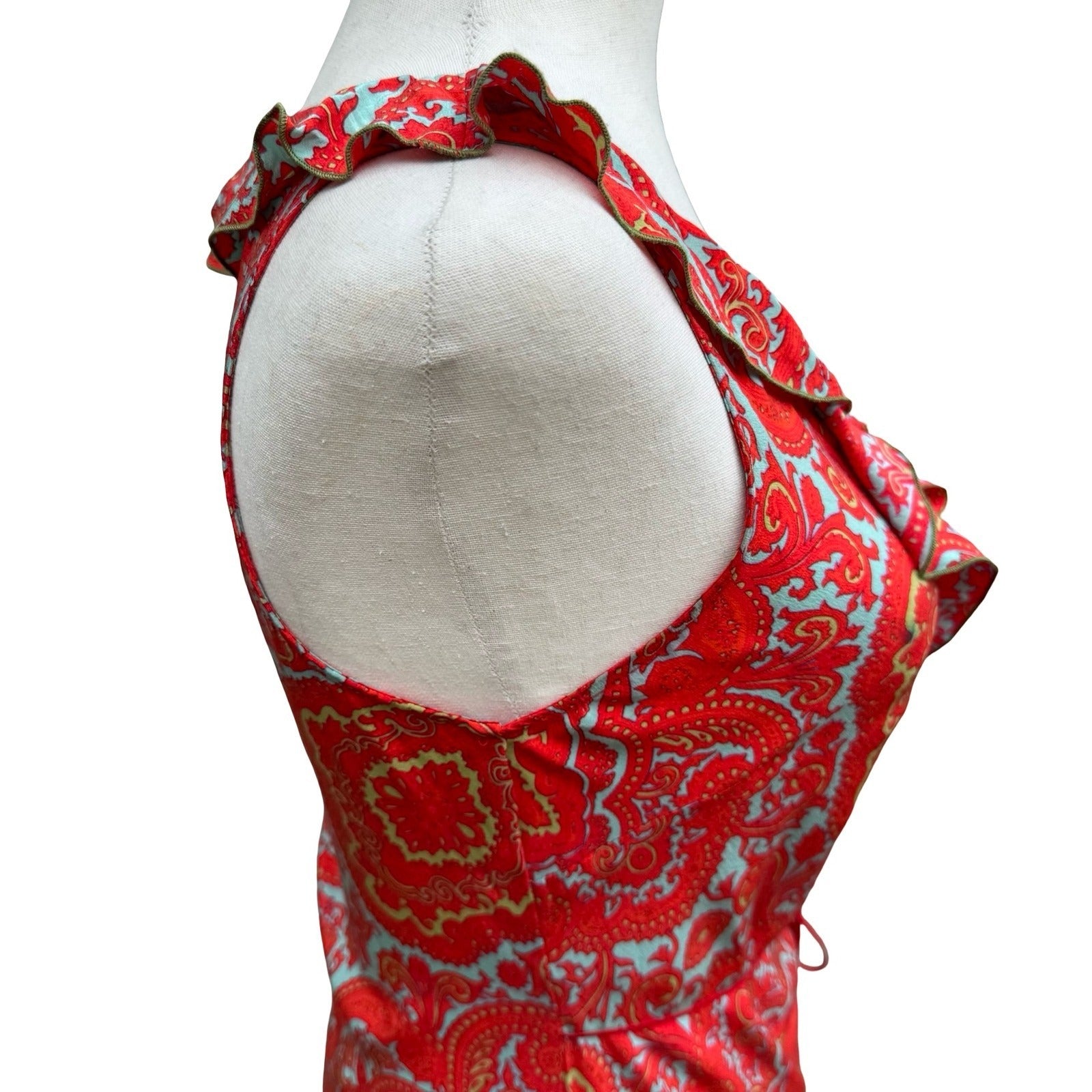 Poleci Vintage Y2K Paisley 100% Silk Ruffle Midi Dress Feminine Garden Party 6