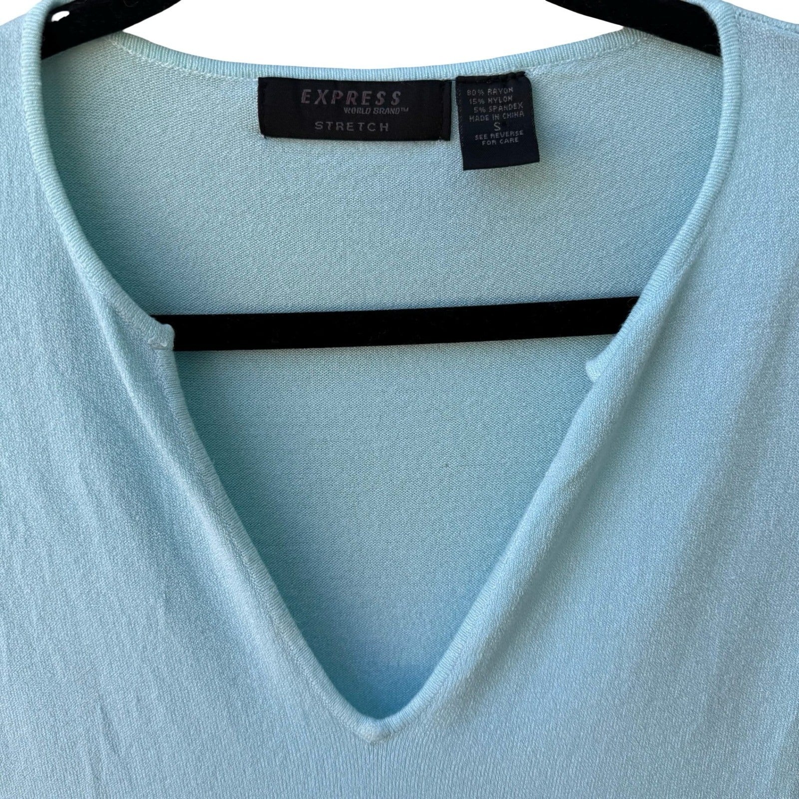 Express Y2K Pastel Blue Coastal Preppy Deep V-Neck Cap Sleeve Stretch Knit Top S