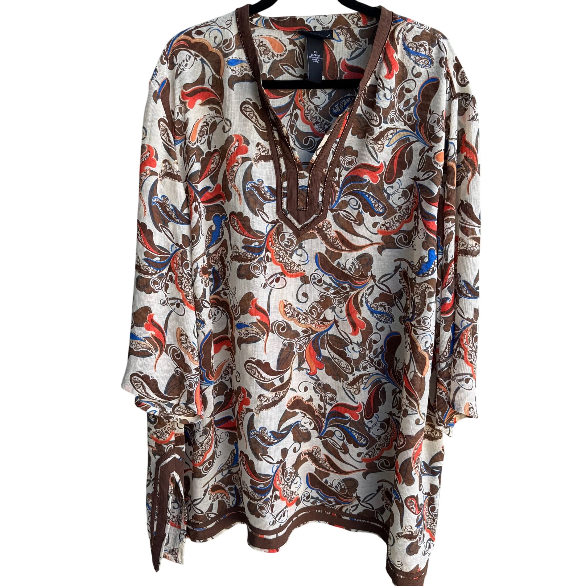 Maggie Barnes Womens Beaded Paisley Boho Flowy Brown Semi Sheer Tunic Blouse 3X