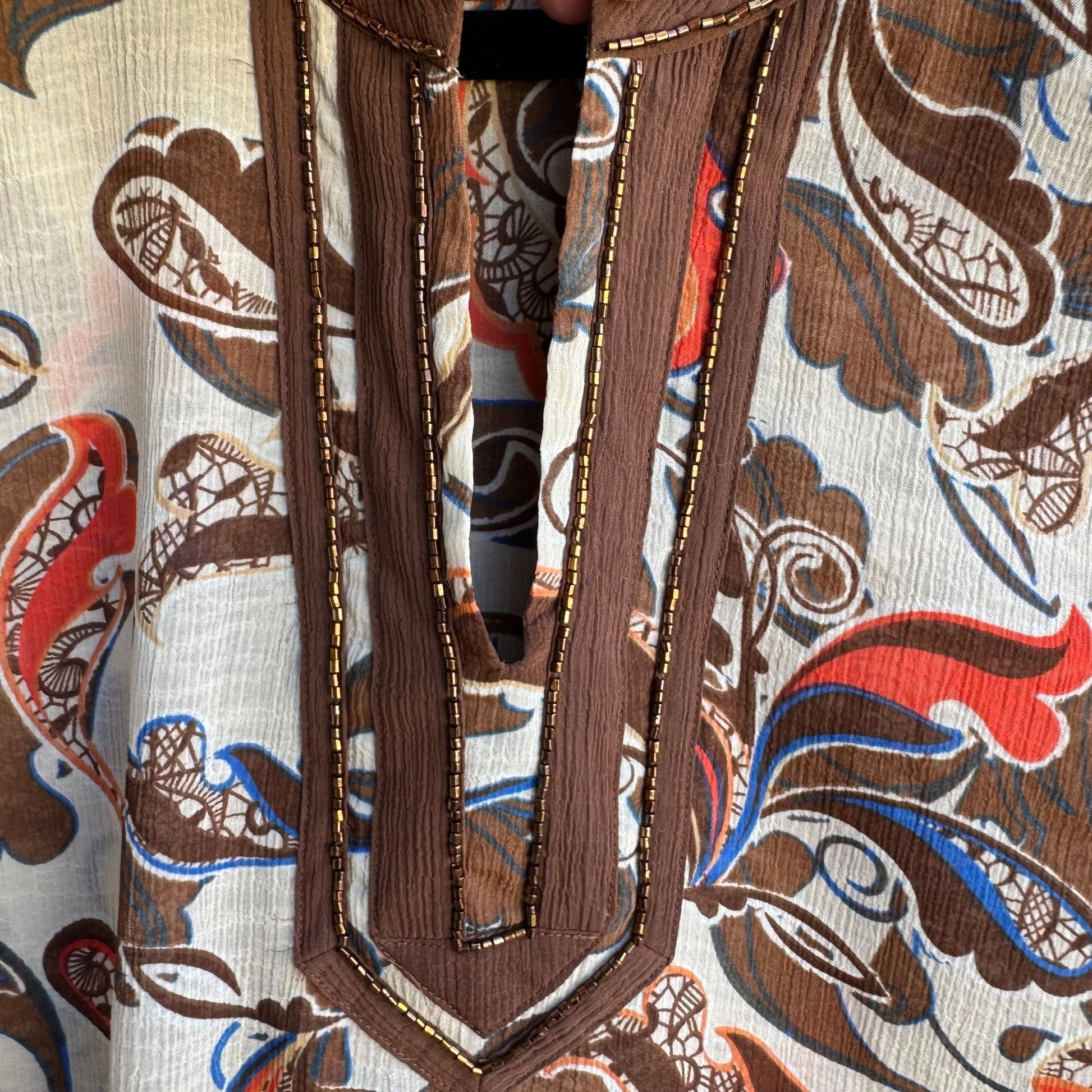 Maggie Barnes Womens Beaded Paisley Boho Flowy Brown Semi Sheer Tunic Blouse 3X