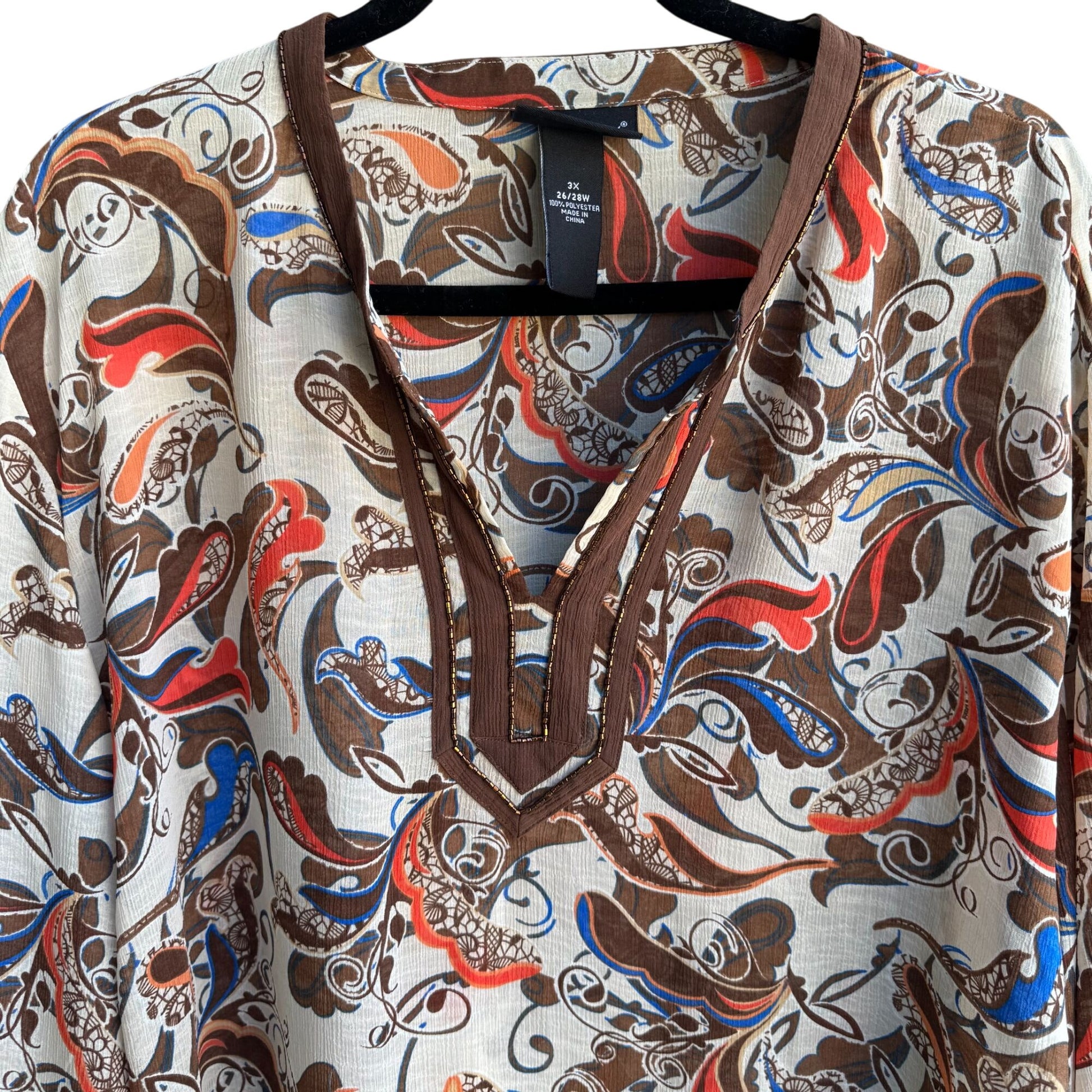 Maggie Barnes Womens Beaded Paisley Boho Flowy Brown Semi Sheer Tunic Blouse 3X