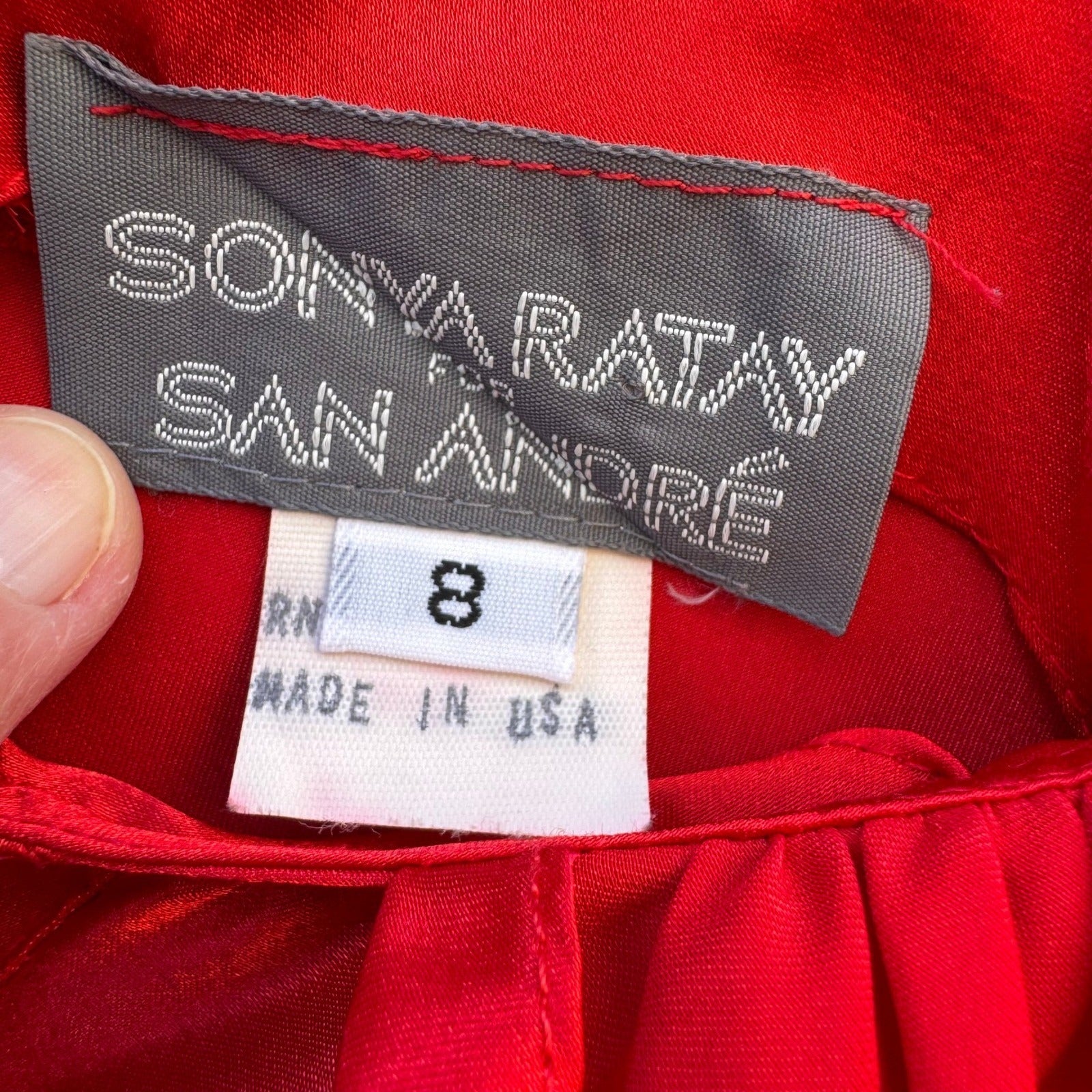 Sonya Ratay for San Andre Vintage Red Satin Scarf Neck Button Back Blouse Sz 8