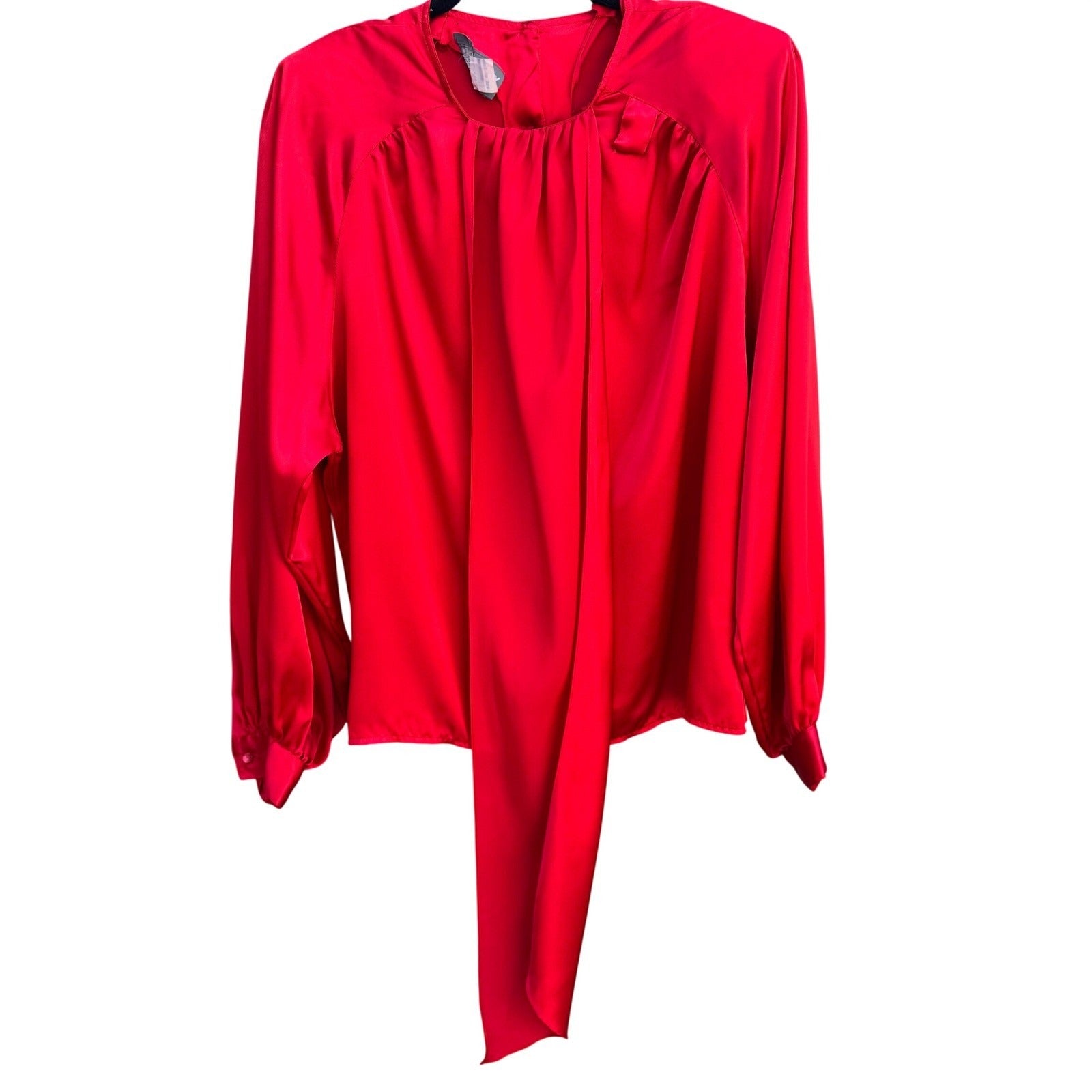 Sonya Ratay for San Andre Vintage Red Satin Scarf Neck Button Back Blouse Sz 8