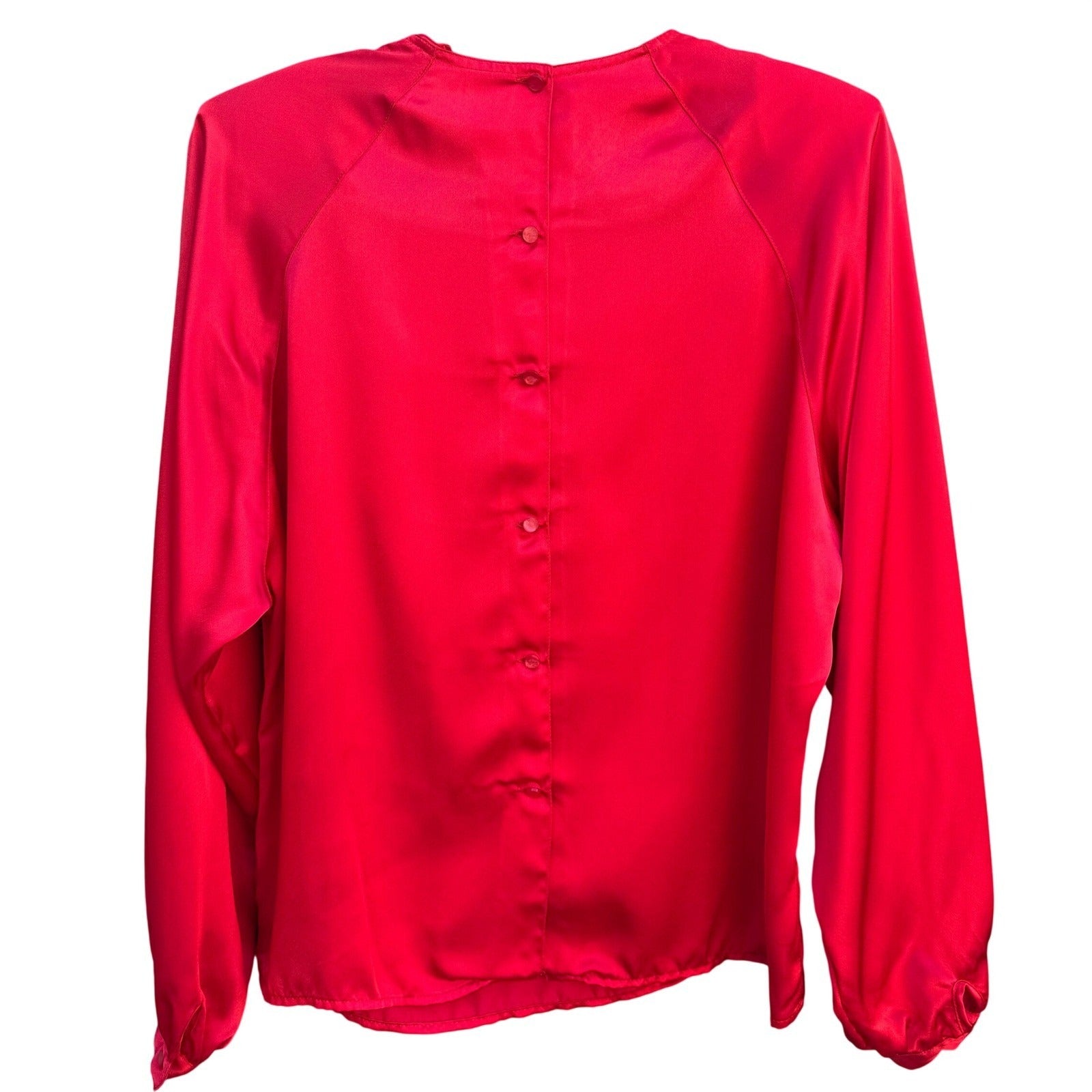 Sonya Ratay for San Andre Vintage Red Satin Scarf Neck Button Back Blouse Sz 8