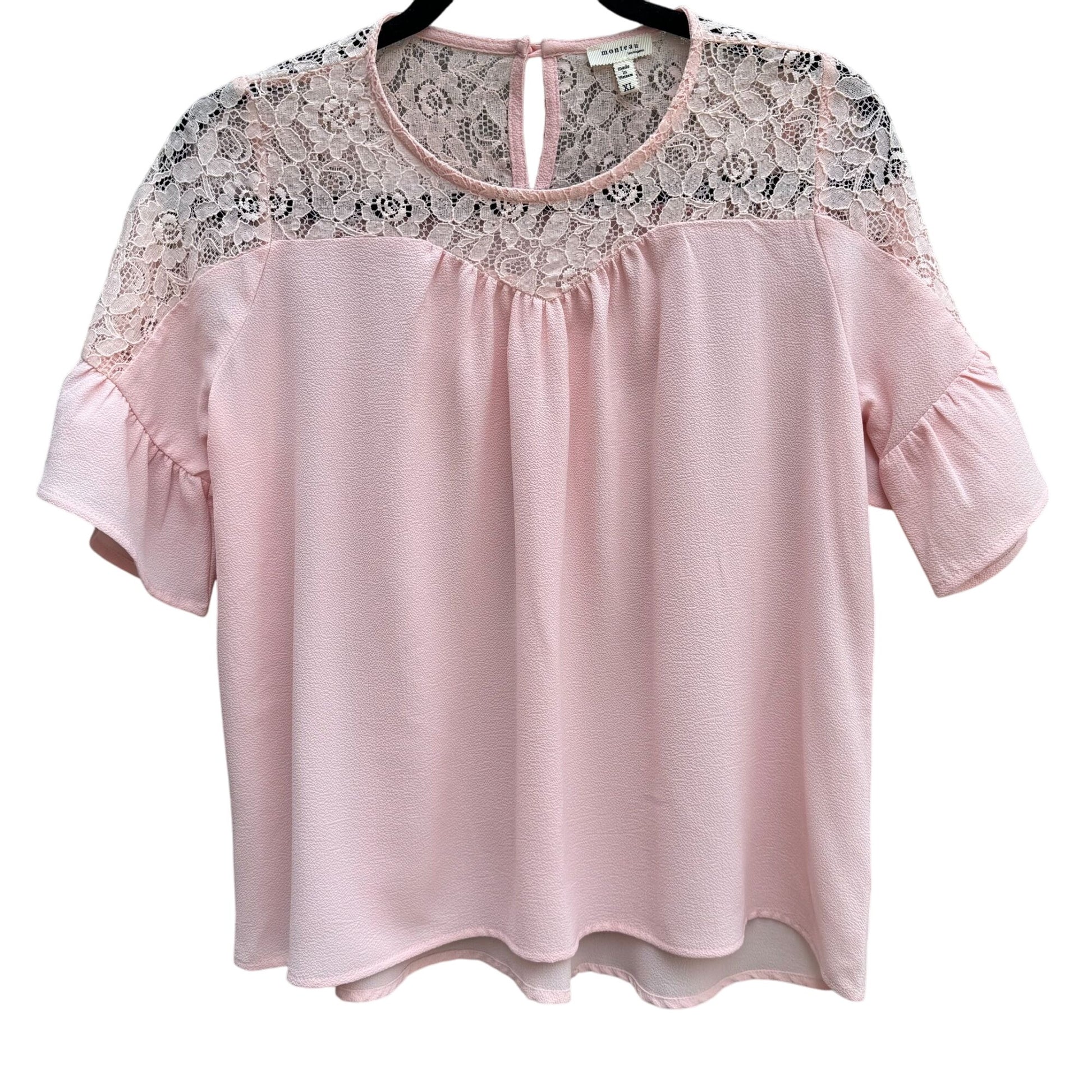 Monteau Womens Pink Lace Yoke Boho Party Flutter Sleeves Blouse Shirt Top L