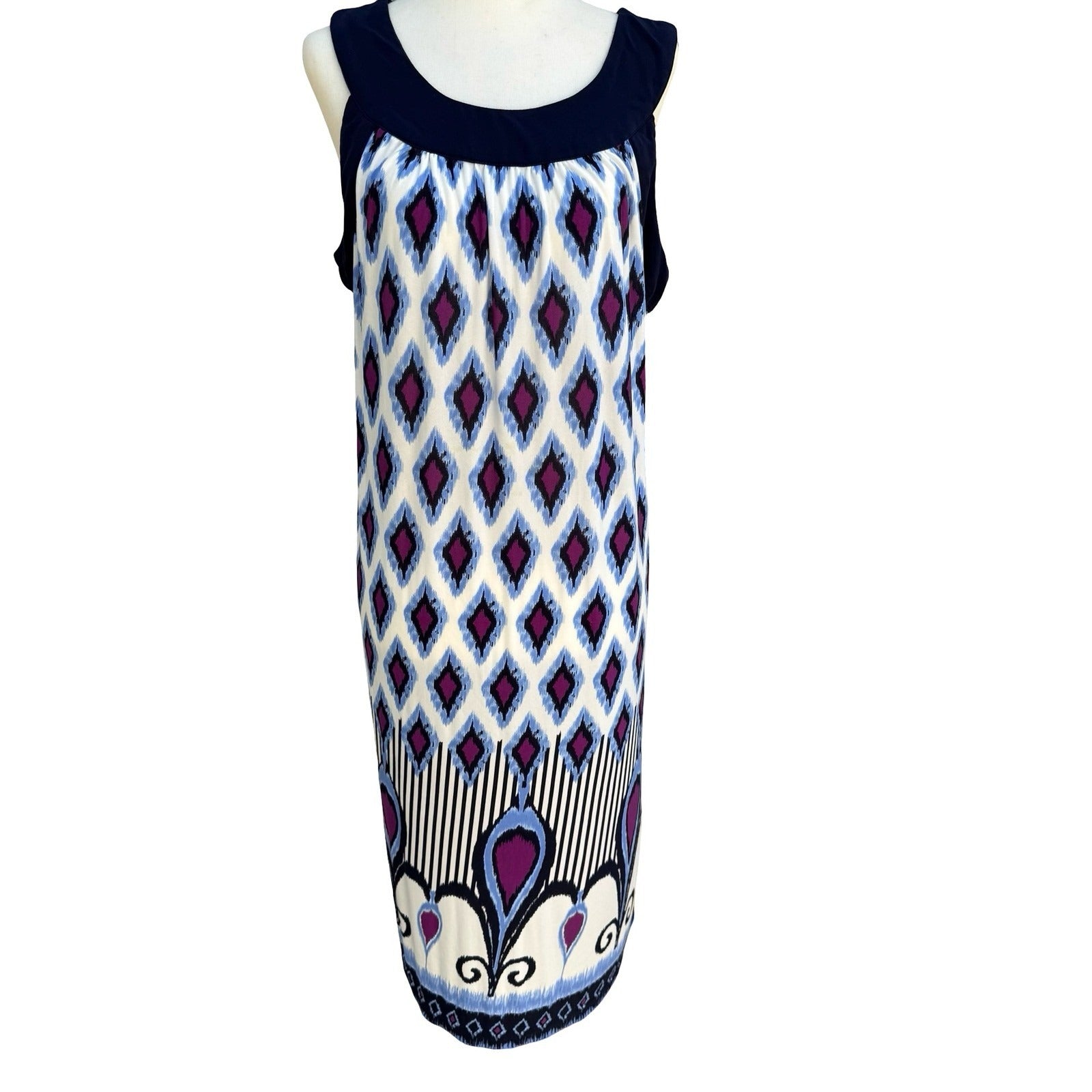 John Paul Richard Boho Art Deco Blue Ikat Diamond Print Sleeveless Midi Dress L