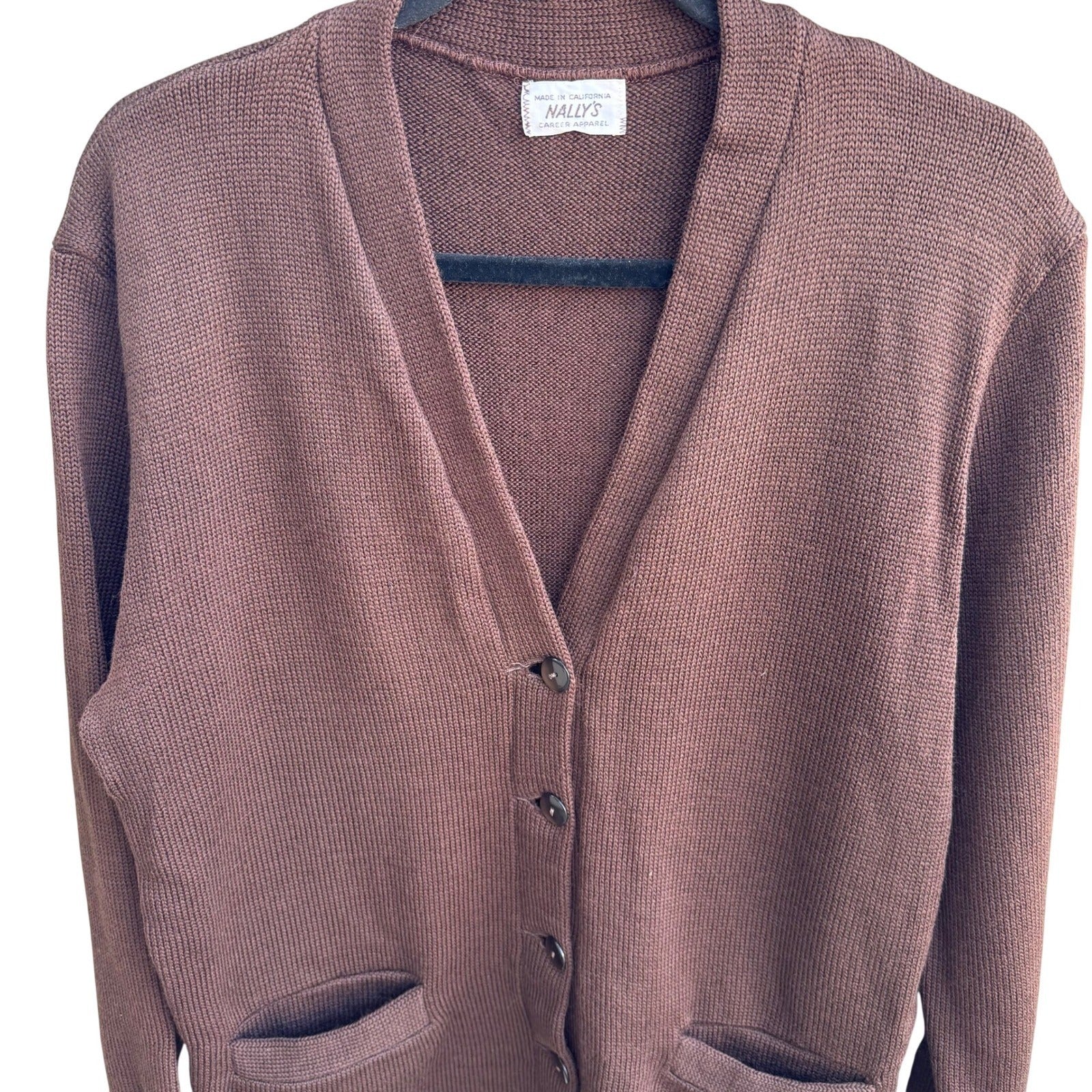 Nallys Career Apparel Vintage Brown Button Front V-Neck Cardigan Sweater Pockets