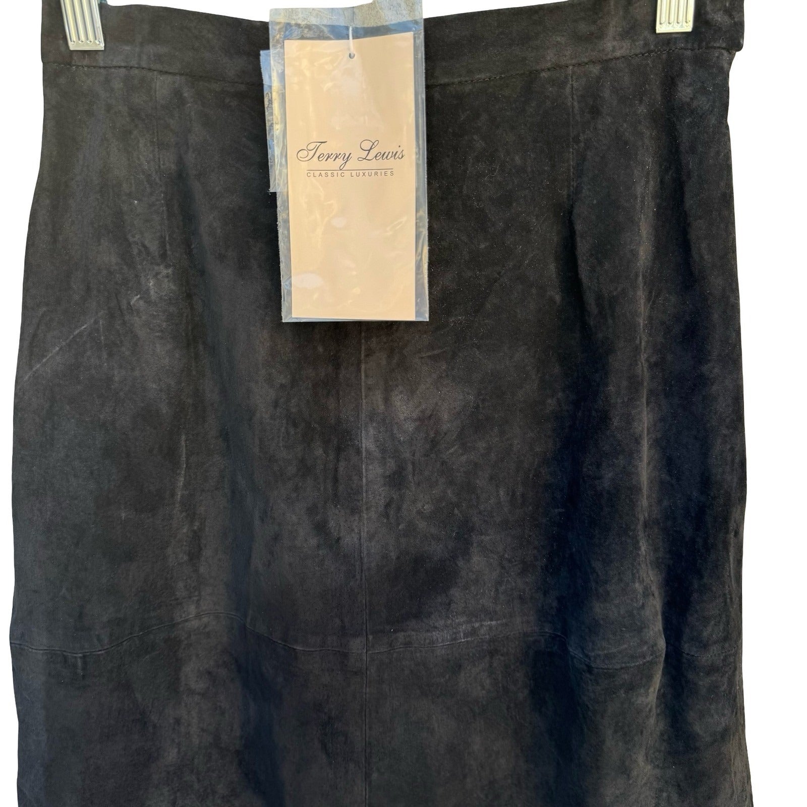 Terry Lewis Black Suede Leather Midi Skirt Side Slit Elastic Back Size 6 NEW