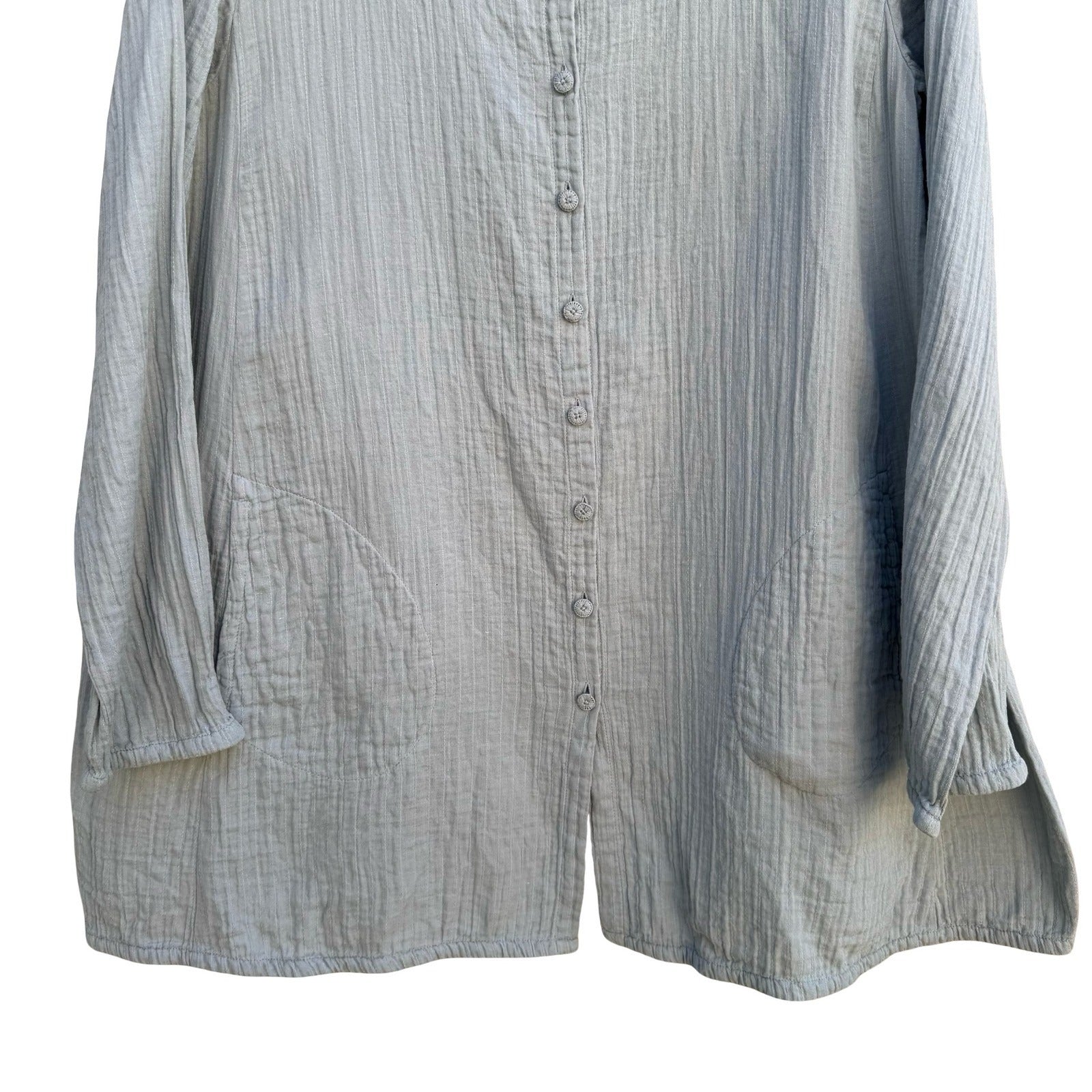 Eileen Fisher Womens Blue Textured Cotton Gauze Button Front Tunic Top Large