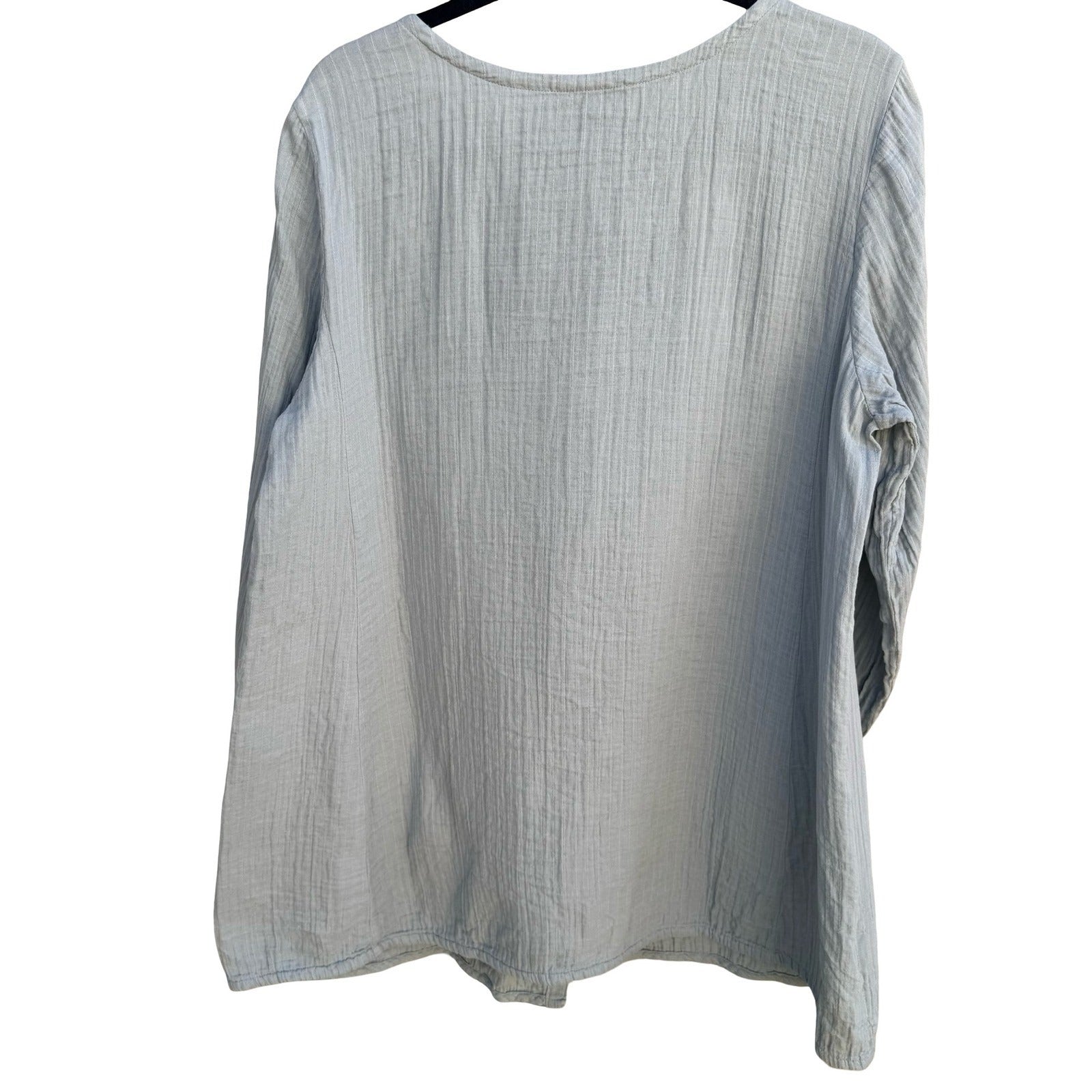 Eileen Fisher Womens Blue Textured Cotton Gauze Button Front Tunic Top Large