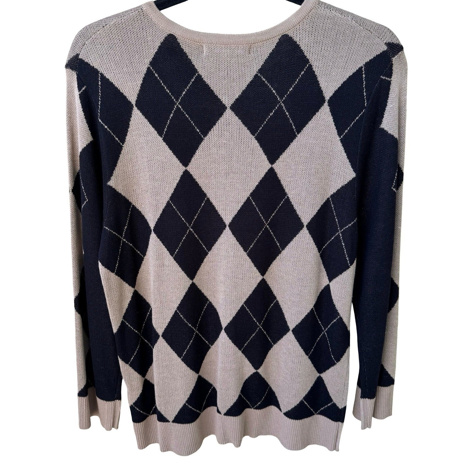 Cable & Gauge Preppy Academia Argyle Knit Cardigan Sweater Tan Mod Womens L NEW