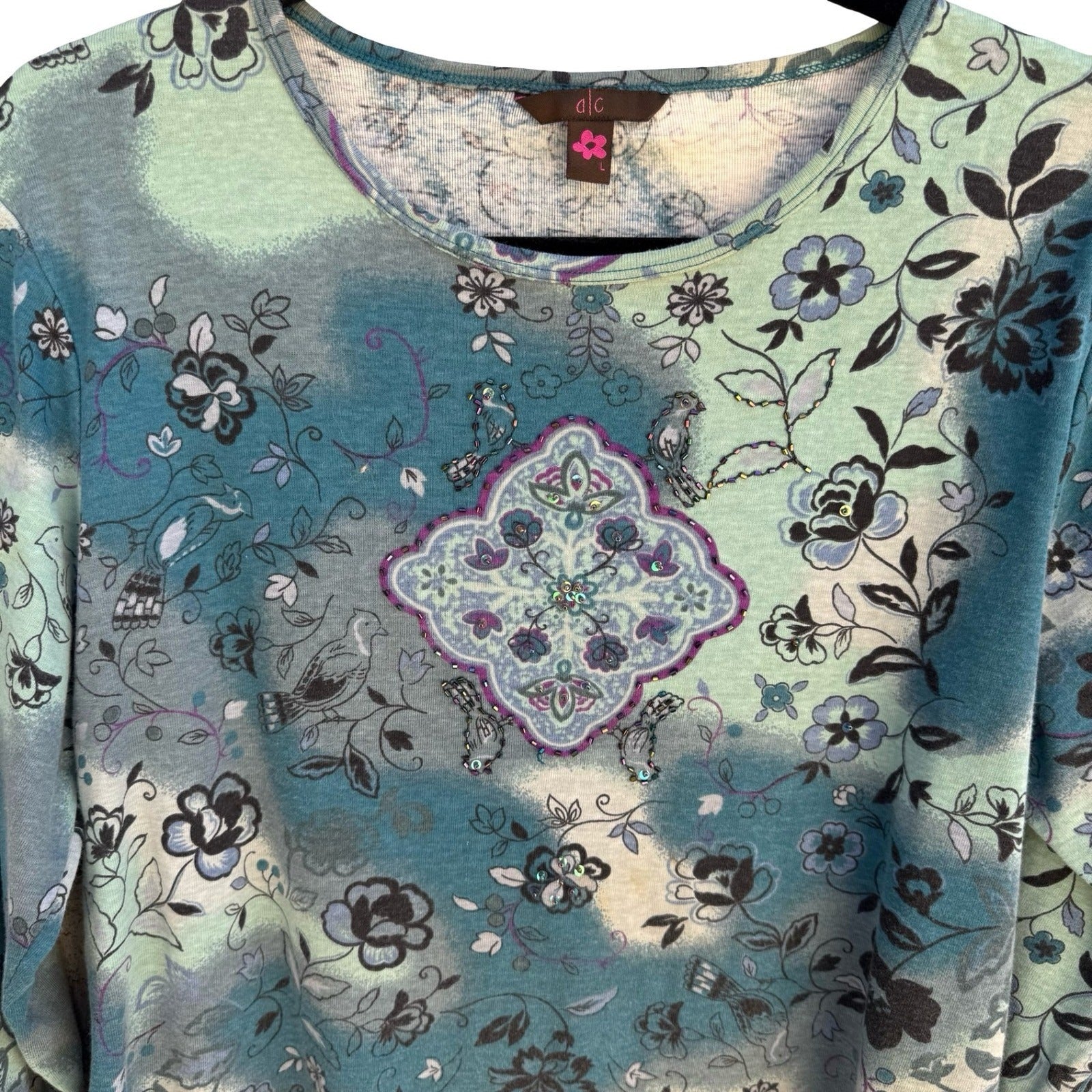a|c Artistic Floral Bird Beaded Fairy Gypsy Cotton Shirt Boho Whimsigoth Teal L