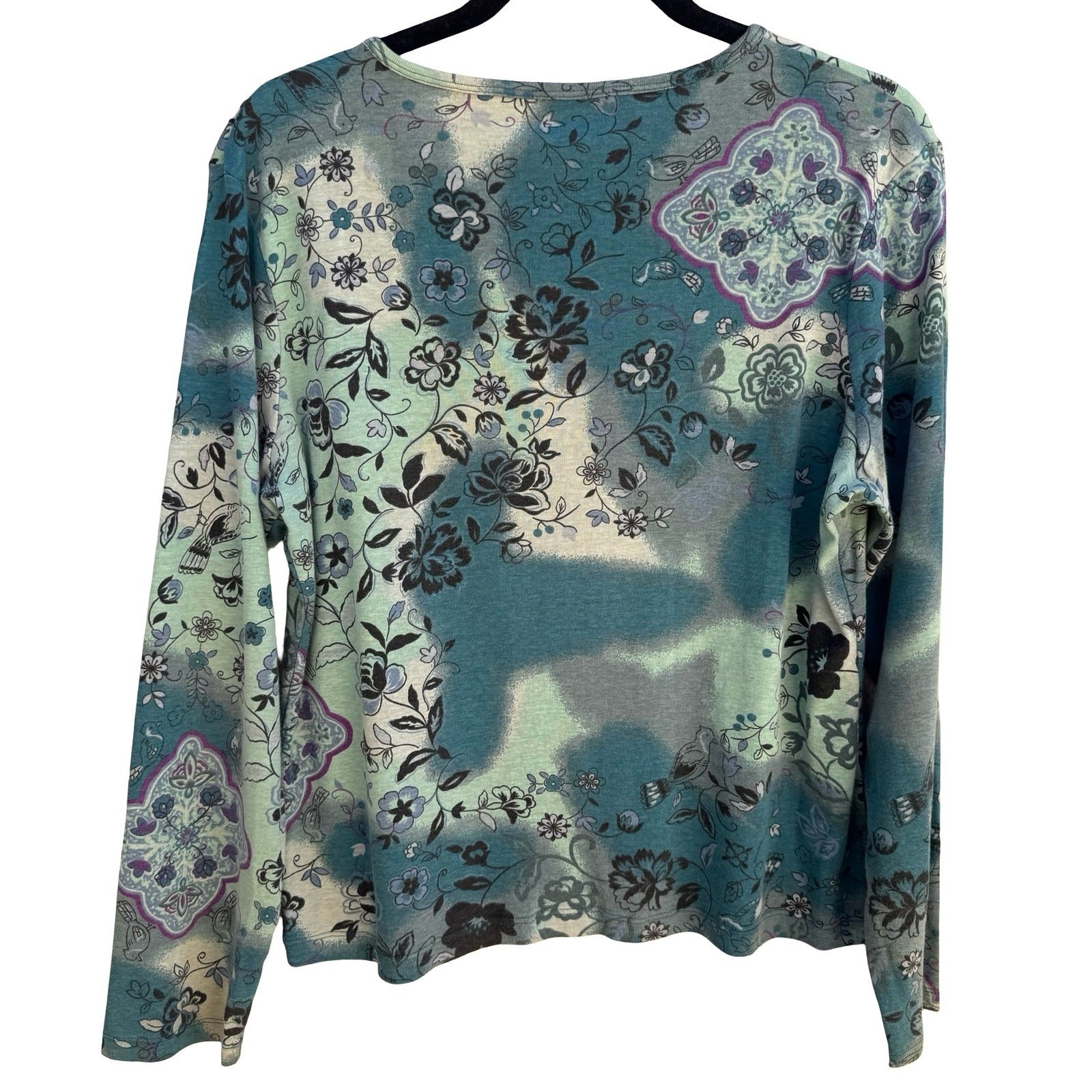 a|c Artistic Floral Bird Beaded Fairy Gypsy Cotton Shirt Boho Whimsigoth Teal L