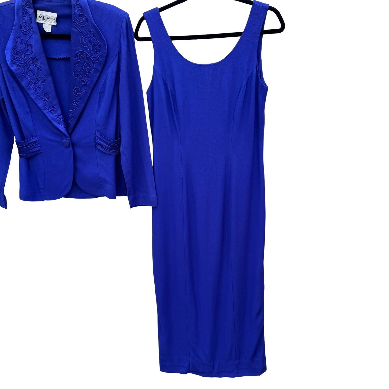 SL Fashions Vintage Royal Blue Dress and Blazer Set Size 10 Soutache Beaded USA