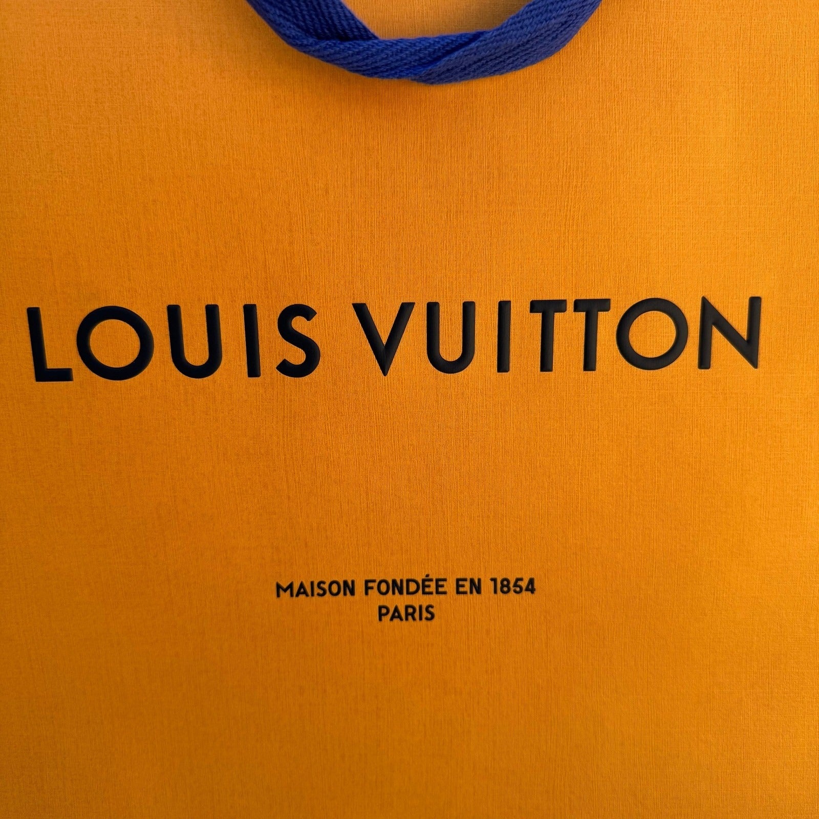 Louis Vuitton Orange Paper Shopping Bag Blue Woven Handles Authentic Large