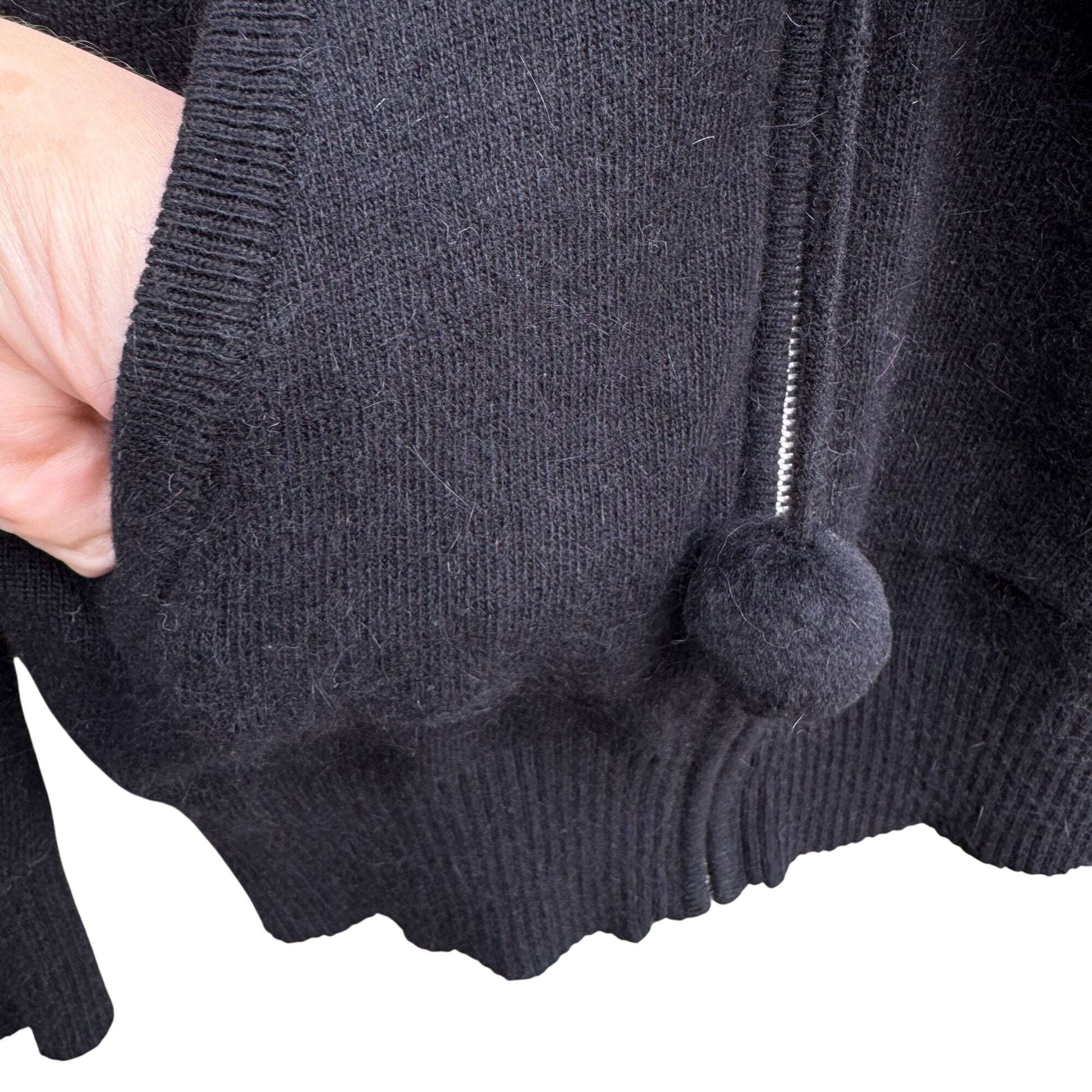 Randolph Duke Womens Black Hooded Striped Knit Cardigan Sweater Elbow Patches S