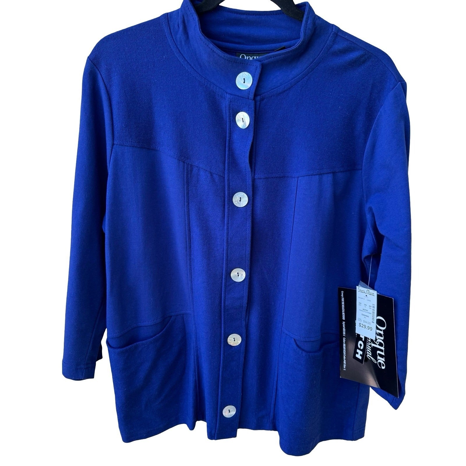 Onque Casual Coastal Nautical Beachy French Terry Pearl Button Jacket Blue L NWT