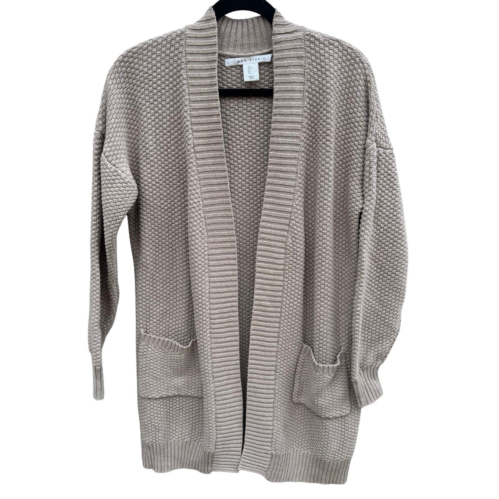 Max Studio Womens Tan Beige Textured Popcorn Knit Open Front Longline Cardigan L