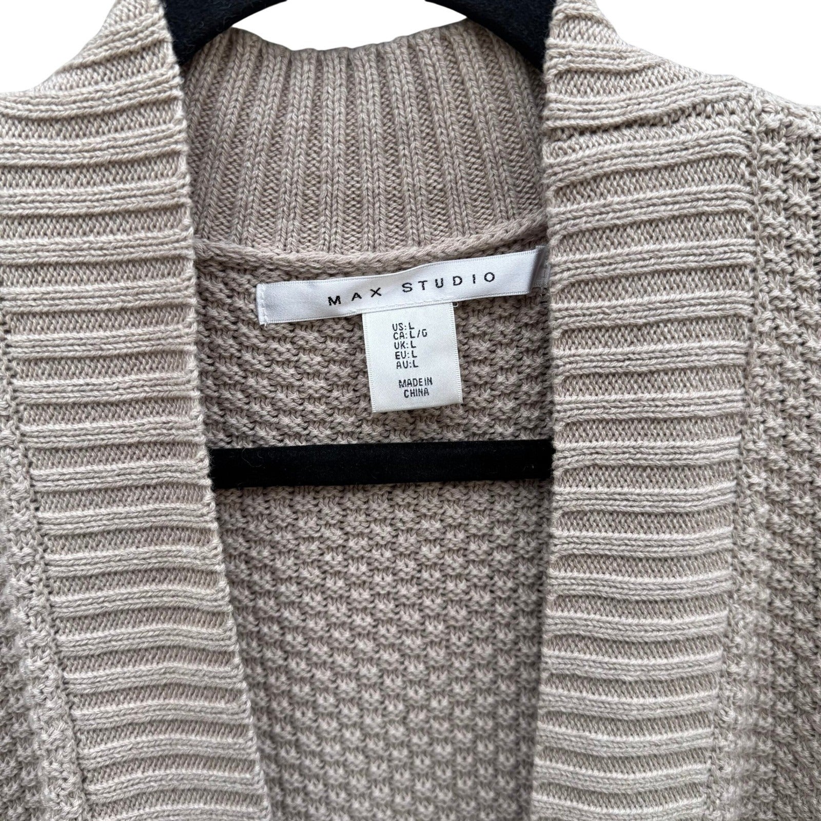 Max Studio Womens Tan Beige Textured Popcorn Knit Open Front Longline Cardigan L