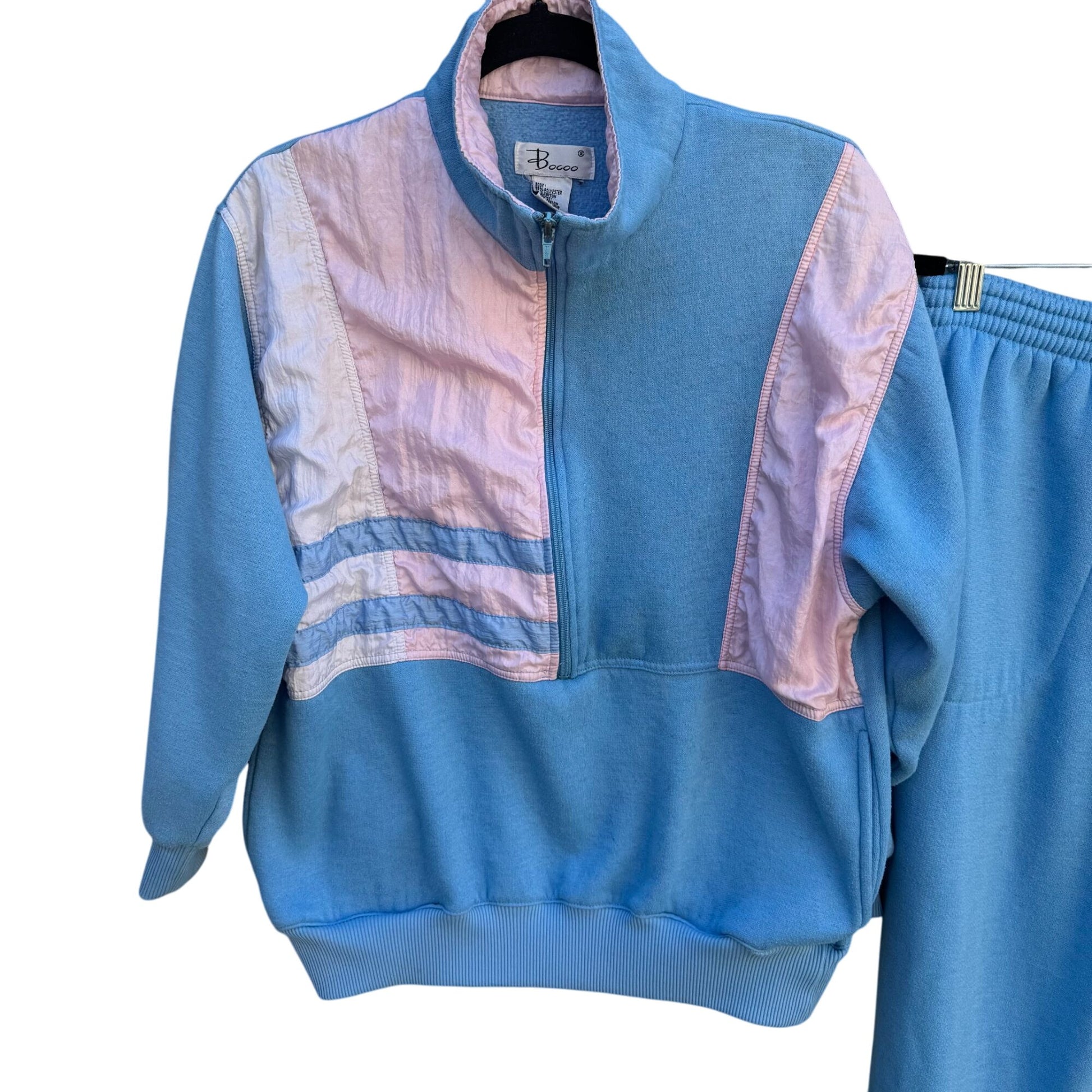 Bocoo Vintage 80s Womens Fleece Nylon Pastel Blue Pink Top Joggers Tracksuit Set