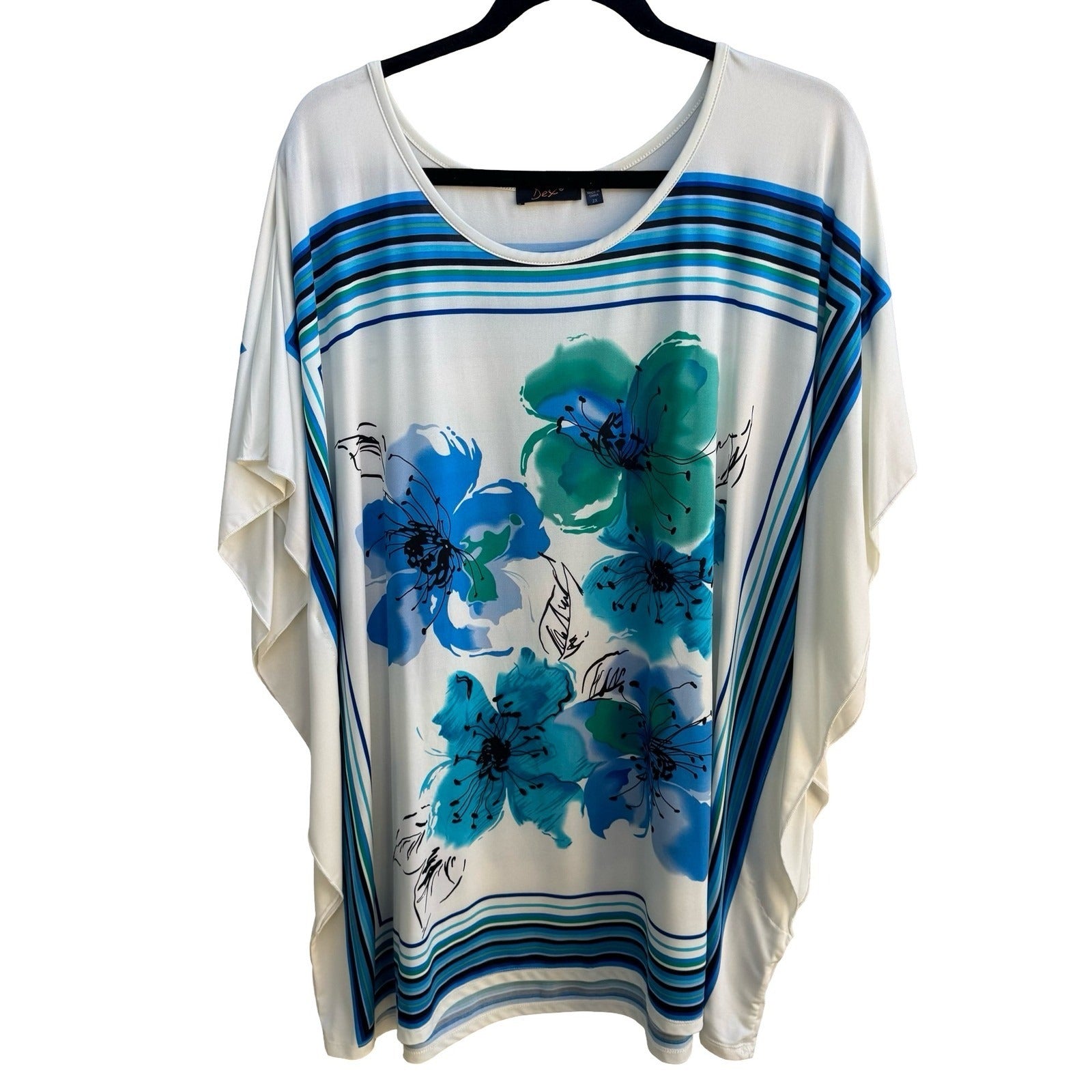 Dex Coastal Art To Wear Flowy Beachy Floral Striped Dolman Sleeve Top Blue 2X