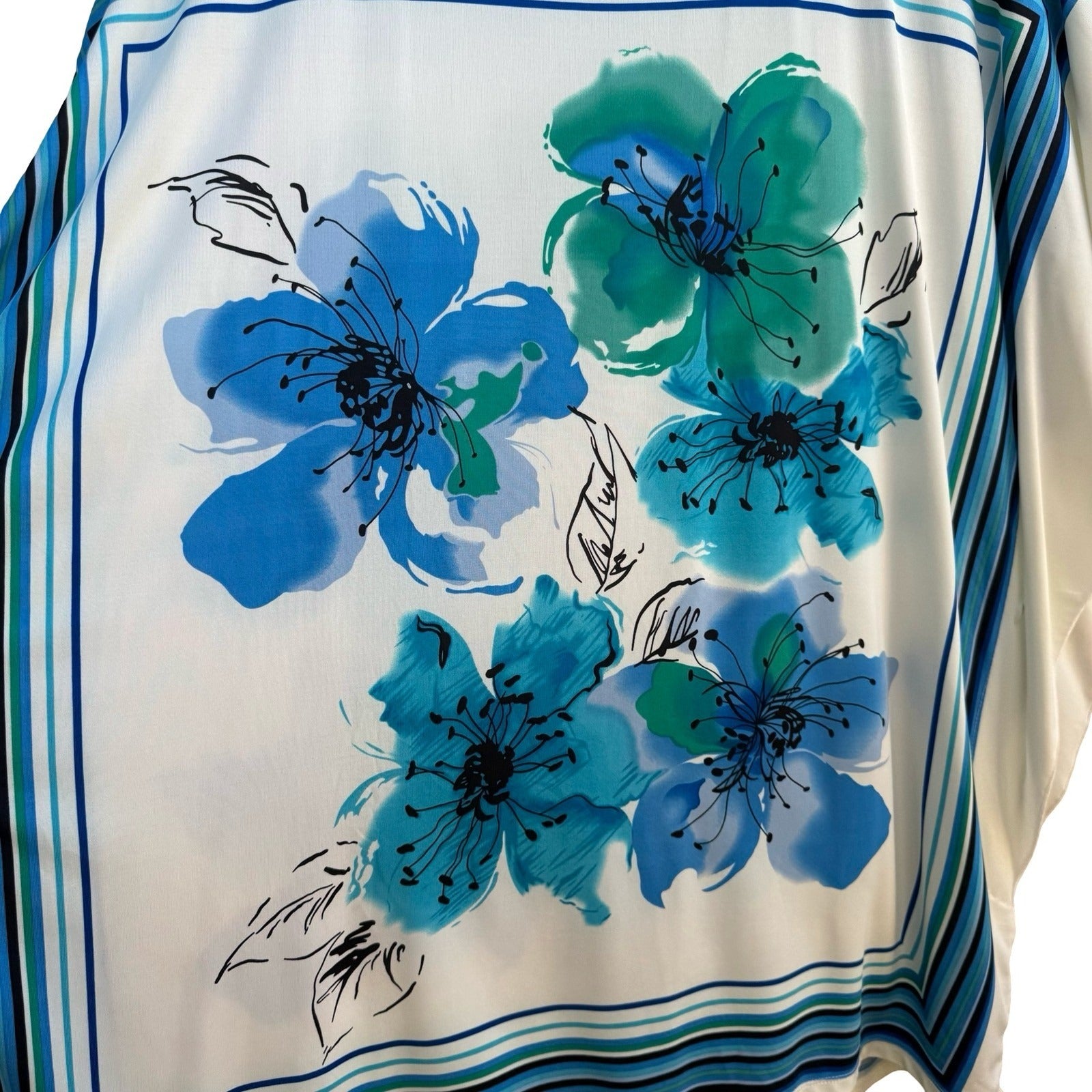 Dex Coastal Art To Wear Flowy Beachy Floral Striped Dolman Sleeve Top Blue 2X