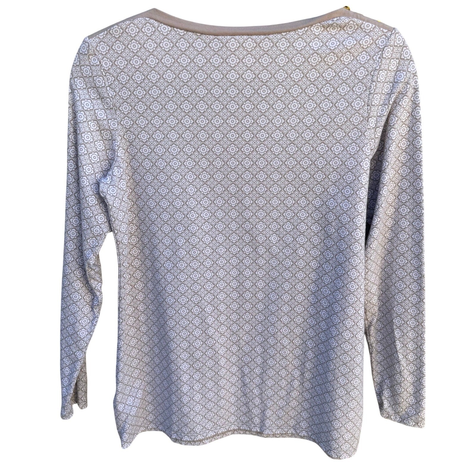 Diane Gilman DG2 Women Tan Geometric Tile Print Boat Neck Button Shoulder Top XS