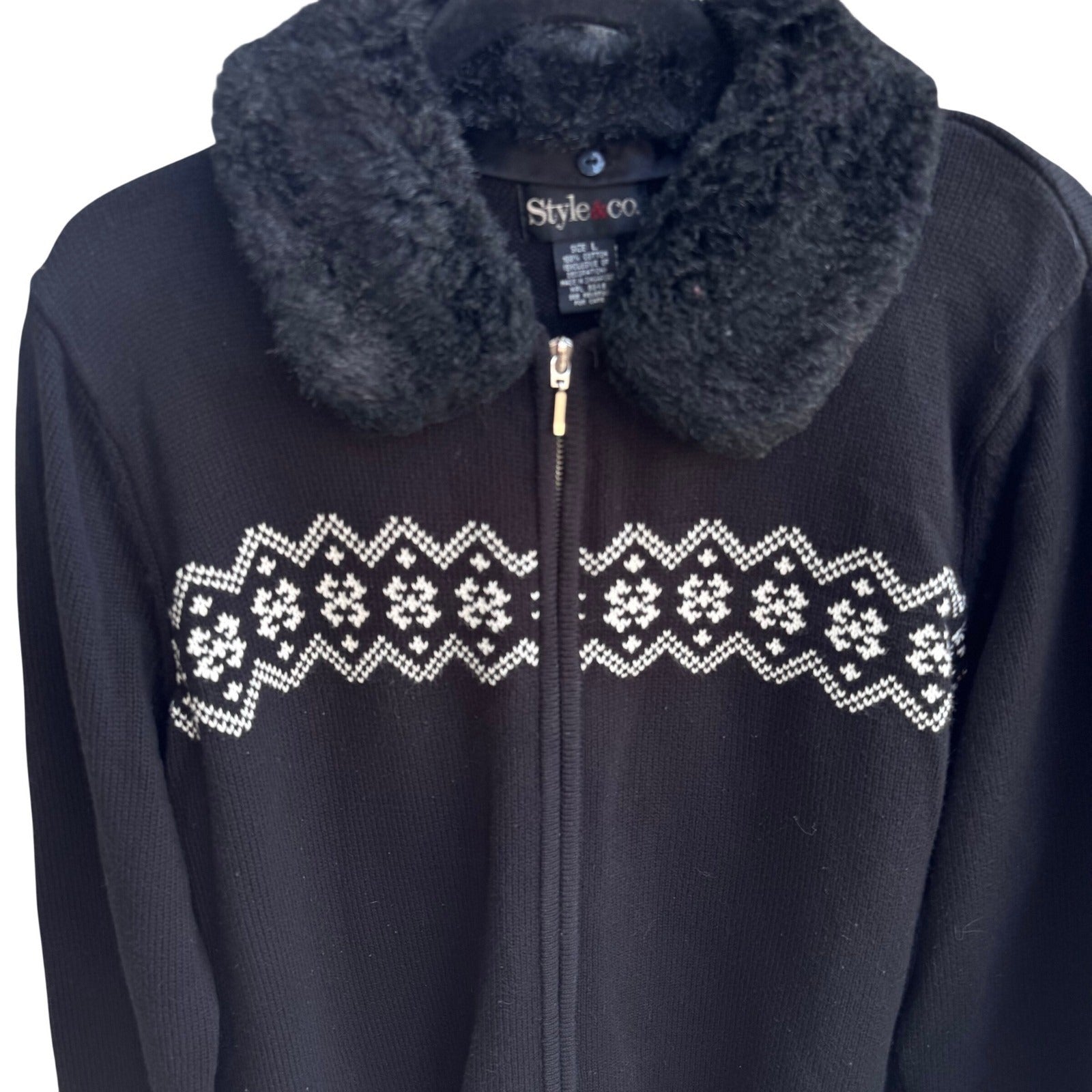 Style & Co Black Fair Isle Full Zip Cotton Sweater Faux Fur Collar Womens L