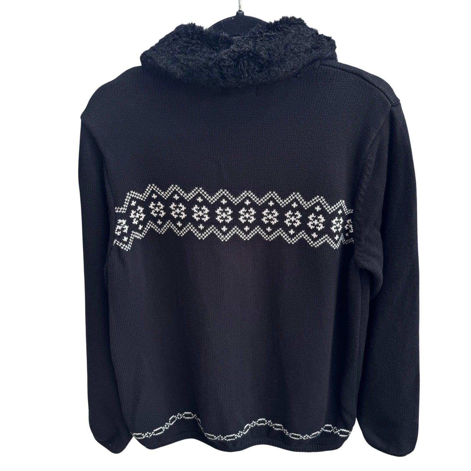 Style & Co Black Fair Isle Full Zip Cotton Sweater Faux Fur Collar Womens L