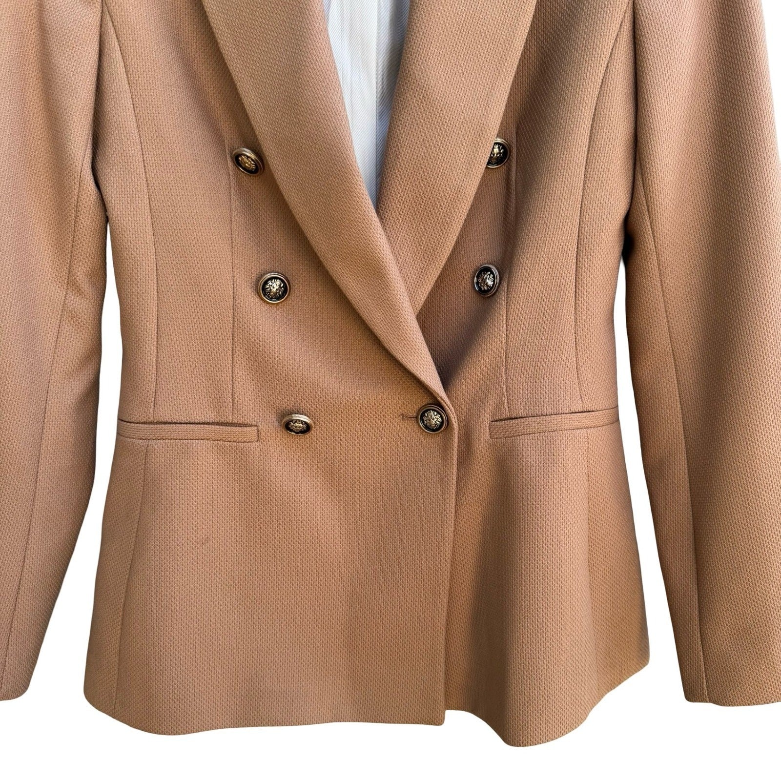 Zara Preppy Tailored Professional Double Breasted Textured Blazer Lion Buttons S