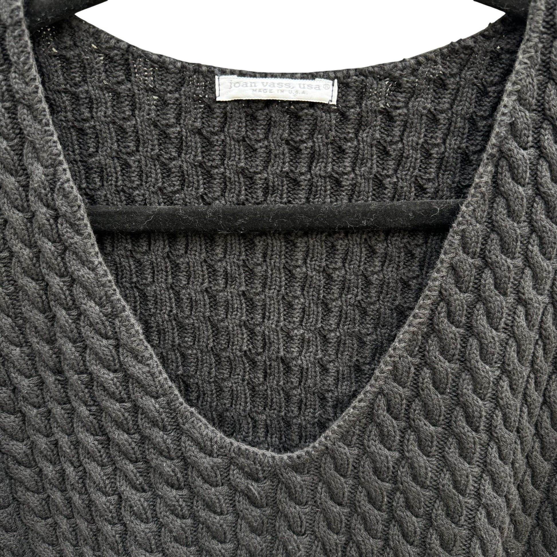 Joan Vass USA Vintage Womens Black Cable Knit V-Neck Sweater Cotton Lagenlook 2