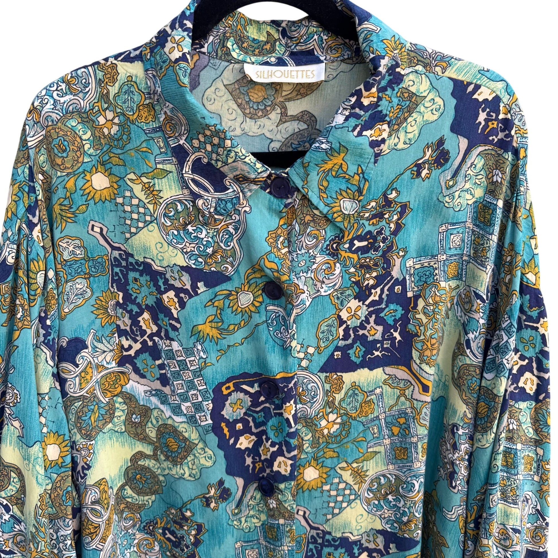 Silhouettes Vintage Long Sleeve Blue Green Paisley Boho Button-Up Shirt Blouse