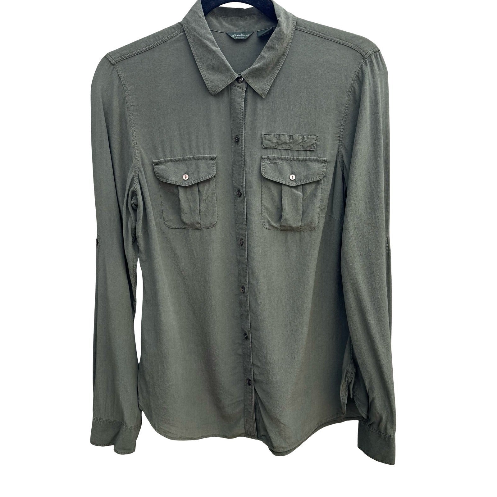 Eddie Bauer 100% Silk Quiet Luxury Utility Shirt Earthy Green Roll Tab Sleeve M