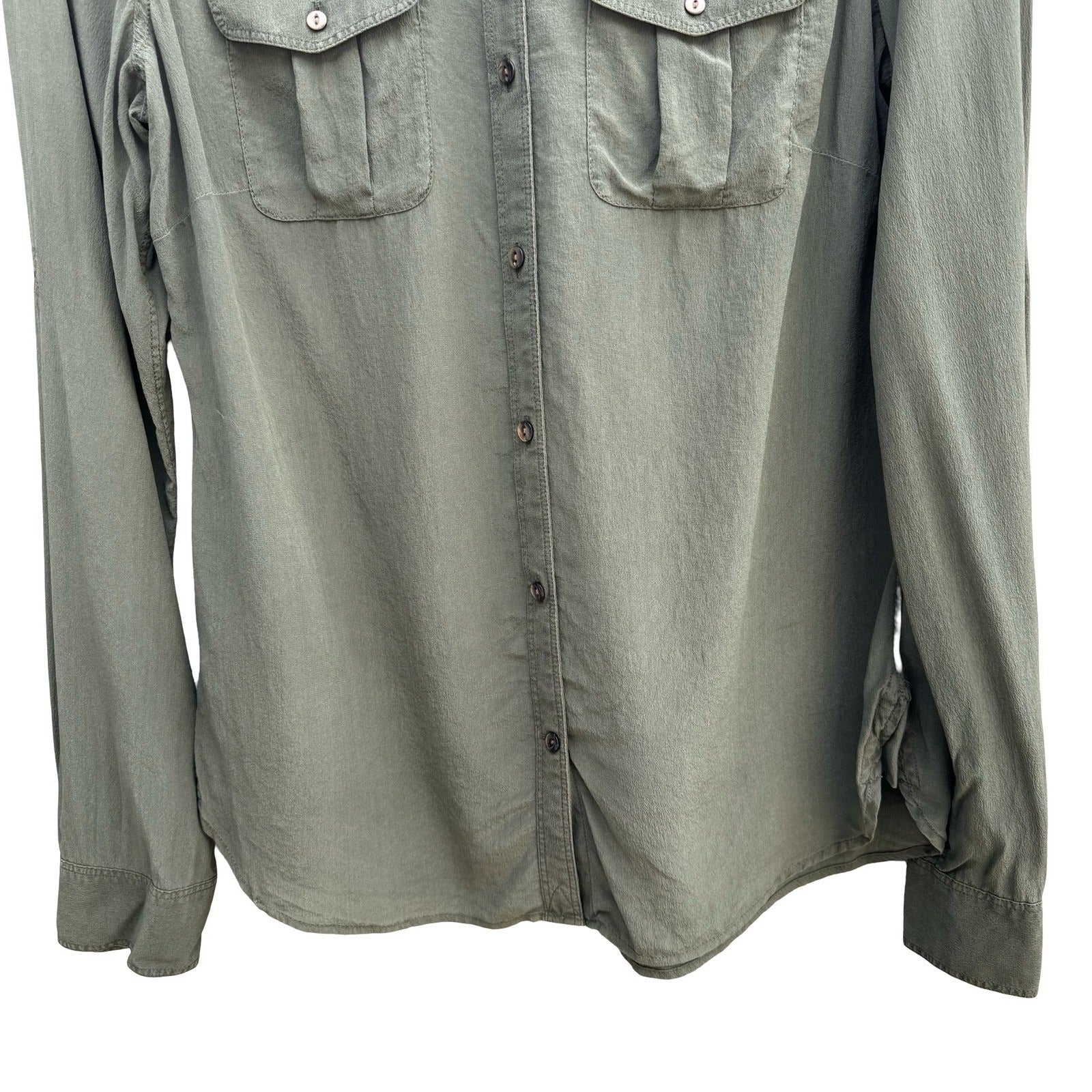 Eddie Bauer 100% Silk Quiet Luxury Utility Shirt Earthy Green Roll Tab Sleeve M