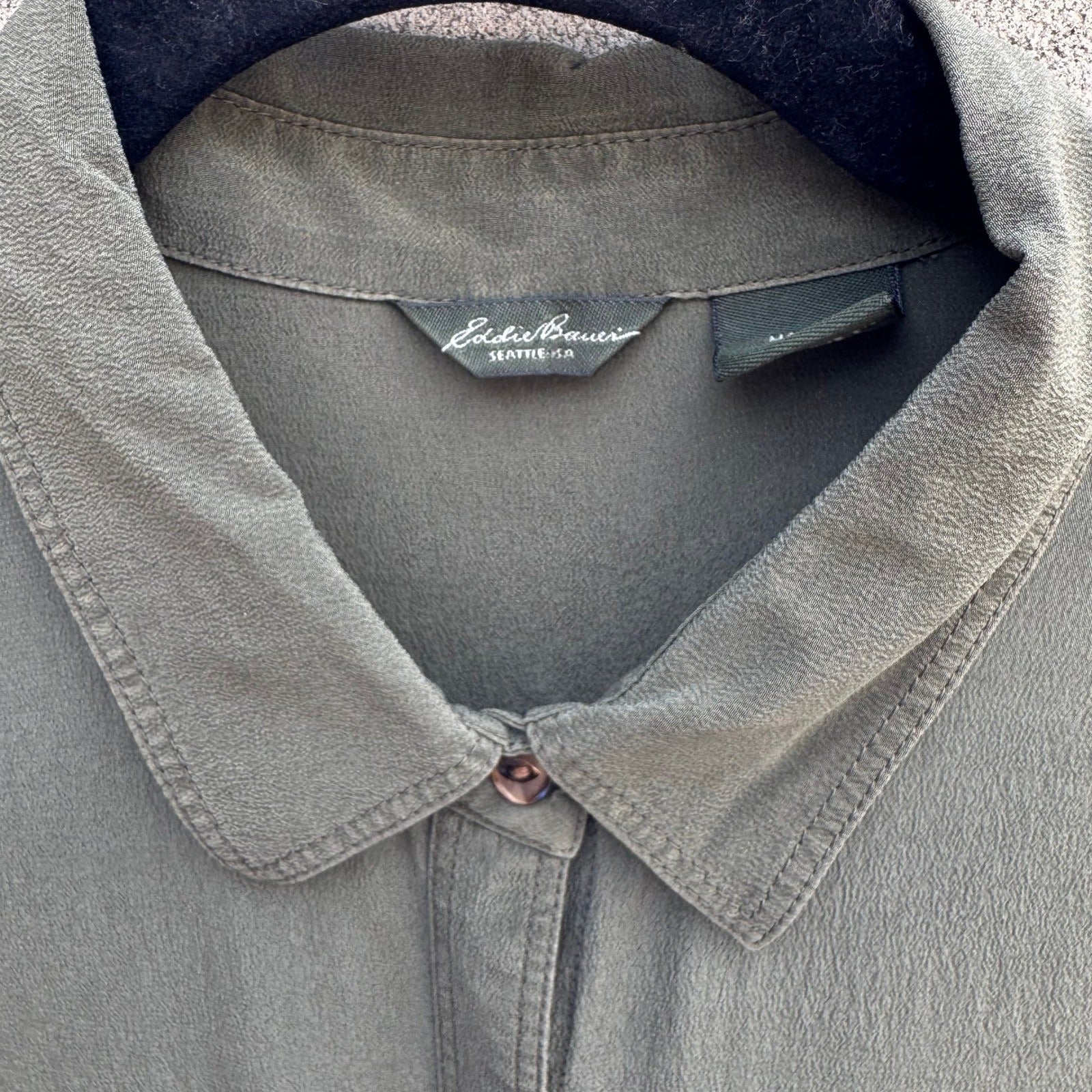 Eddie Bauer 100% Silk Quiet Luxury Utility Shirt Earthy Green Roll Tab Sleeve M