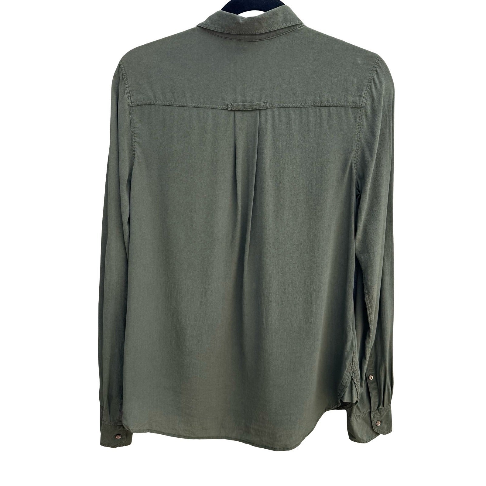 Eddie Bauer 100% Silk Quiet Luxury Utility Shirt Earthy Green Roll Tab Sleeve M