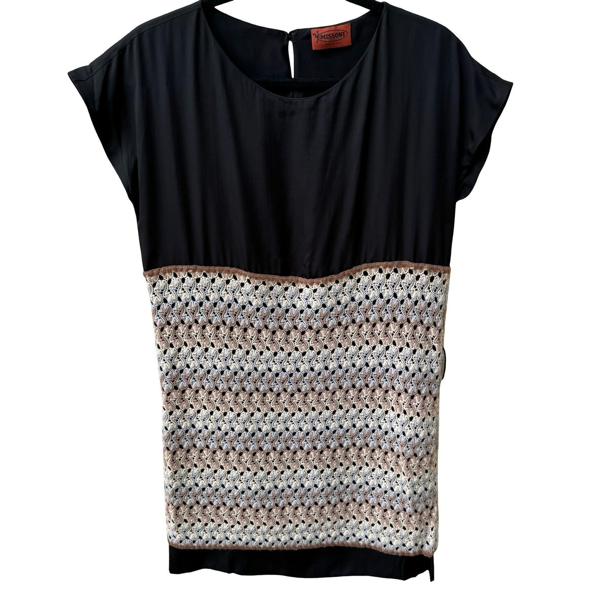 Missoni Italian Luxury Designer Crochet Knit Silk Boho Chic Mini Dress Black L